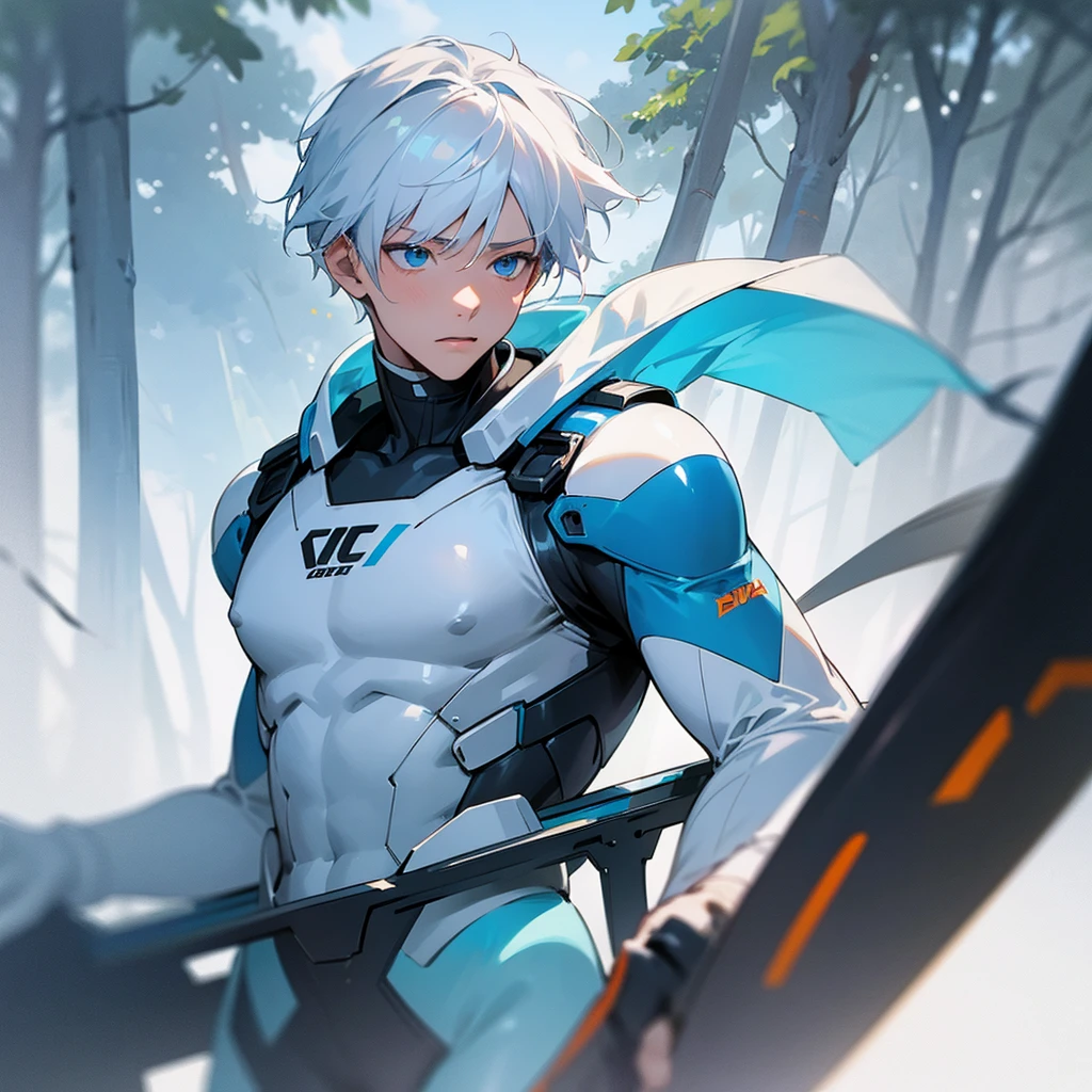  boy white hair-blue eyes ,working out, outdoors in the forest running into a white-haired, blue-eyed girl wearing a tight white suit, face to face , hd quality, Super detailed, High quality