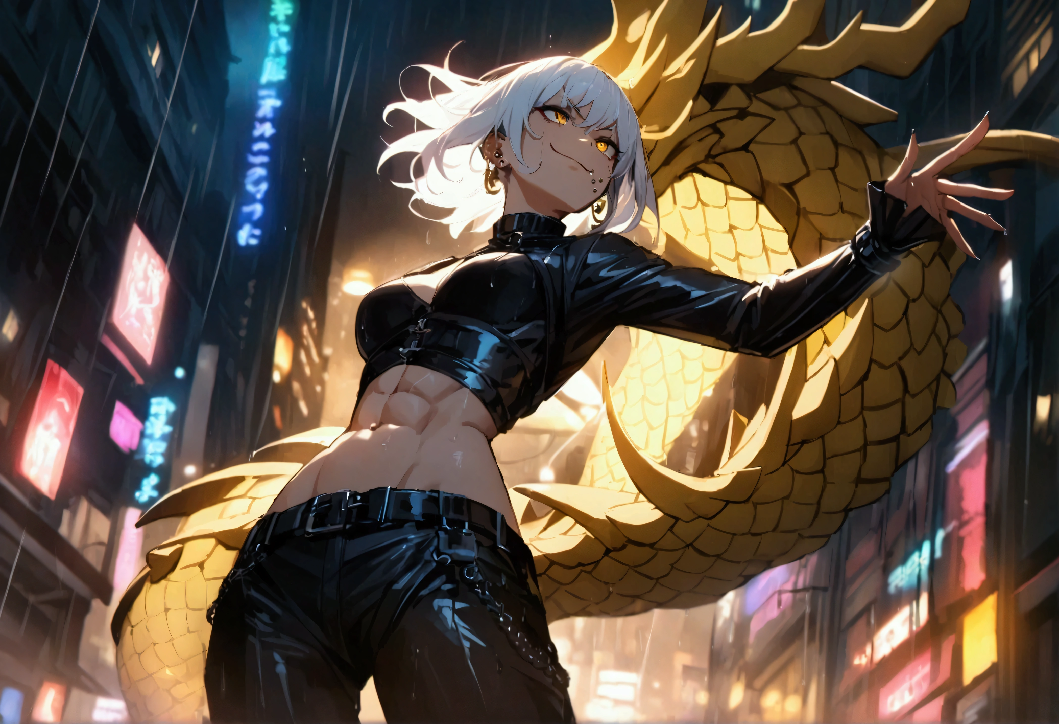 anime women, dark outfit with red and blue details, white hair, (golden dragon eyes) standing in a rain soaked, city street at night, cinematic lighting (best quality:1.2)detailed, neon lights, vivid colors,bokeh, angry looking face with smirk on mouth, piercing, ABS, (looking up), ((face piercing)), gaze, 4k, particles in the air, powers, amazing art work full of details, dynamic movement
