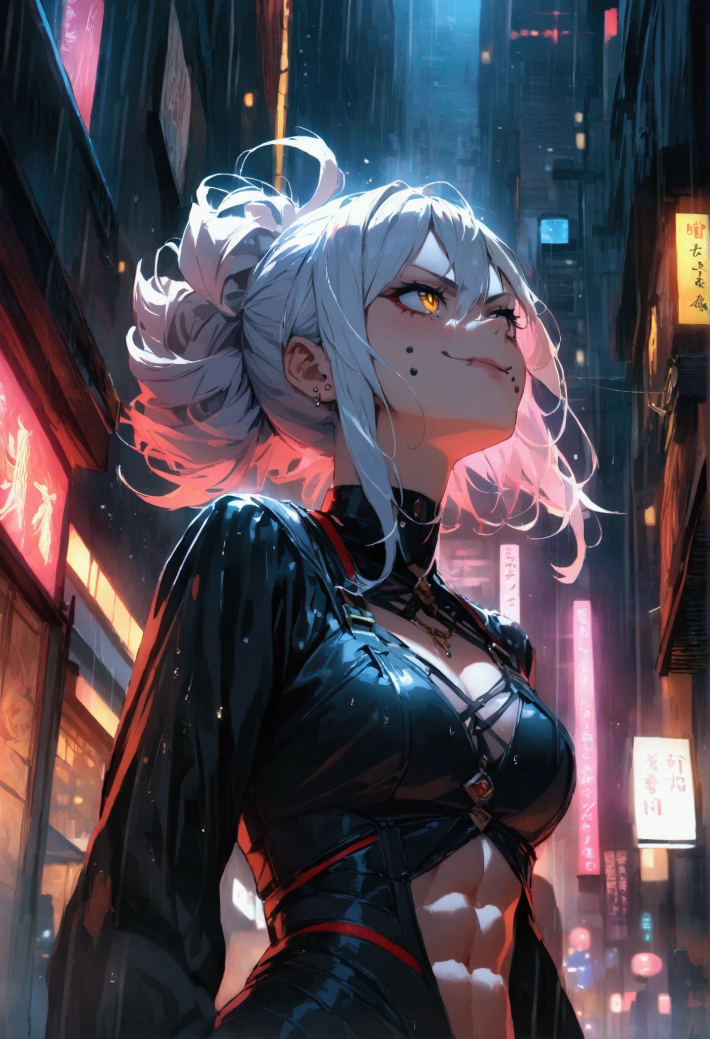 anime women, dark outfit with red and blue details, white hair, (golden dragon eyes) standing in a rain soaked, city street at night, cinematic lighting (best quality:1.2)detailed, neon lights, vivid colors,bokeh, angry looking face with smirk on mouth, piercing, ABS, (looking up), ((face piercing)), gaze, 4k, particles in the air, powers, amazing art work full of details, dynamic movement
