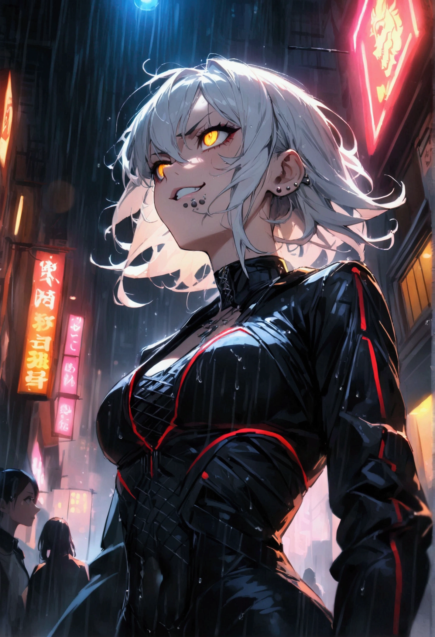 anime women, dark outfit with red and blue details, white hair, (golden dragon eyes) standing in a rain soaked, city street at night, cinematic lighting (best quality:1.2)detailed, neon lights, vivid colors,bokeh, angry looking face with smirk on mouth, piercing, ABS, (looking up), ((face piercing)), gaze, 4k, particles in the air, powers, amazing art work full of details, dynamic movement