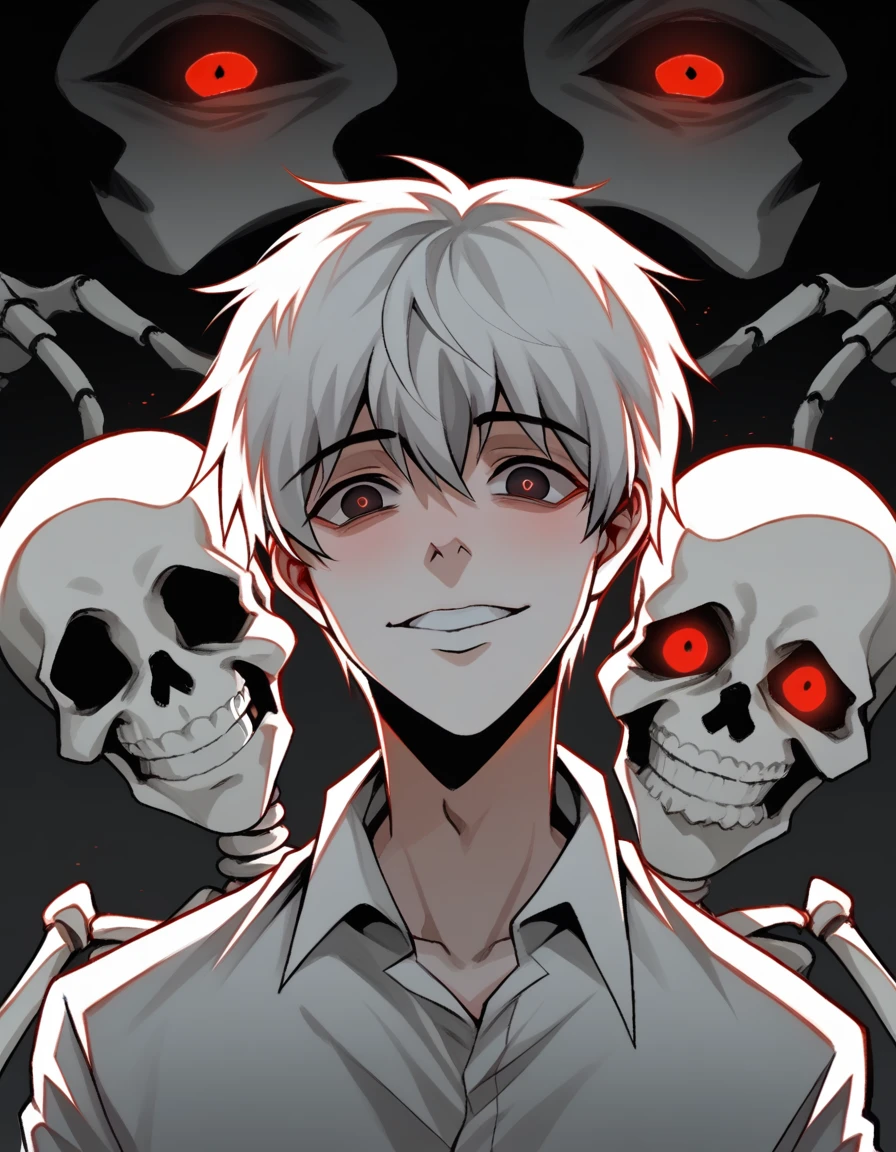 anime character with white hair and black eyes sitting on a skeleton, an anime drawing by Shitao, pixiv, auto-destructive art, gapmoe yandere, kaneki ken, ken kaneki, his eyes are bleeding intense, gapmoe yandere grimdark, with red glowing eyes, portrait gapmoe yandere grimdark, prussia, visão de baixo, cabelo longo, sentado, pernas abertas. Calça preta, bota de couro, casaco branco, blusa preta