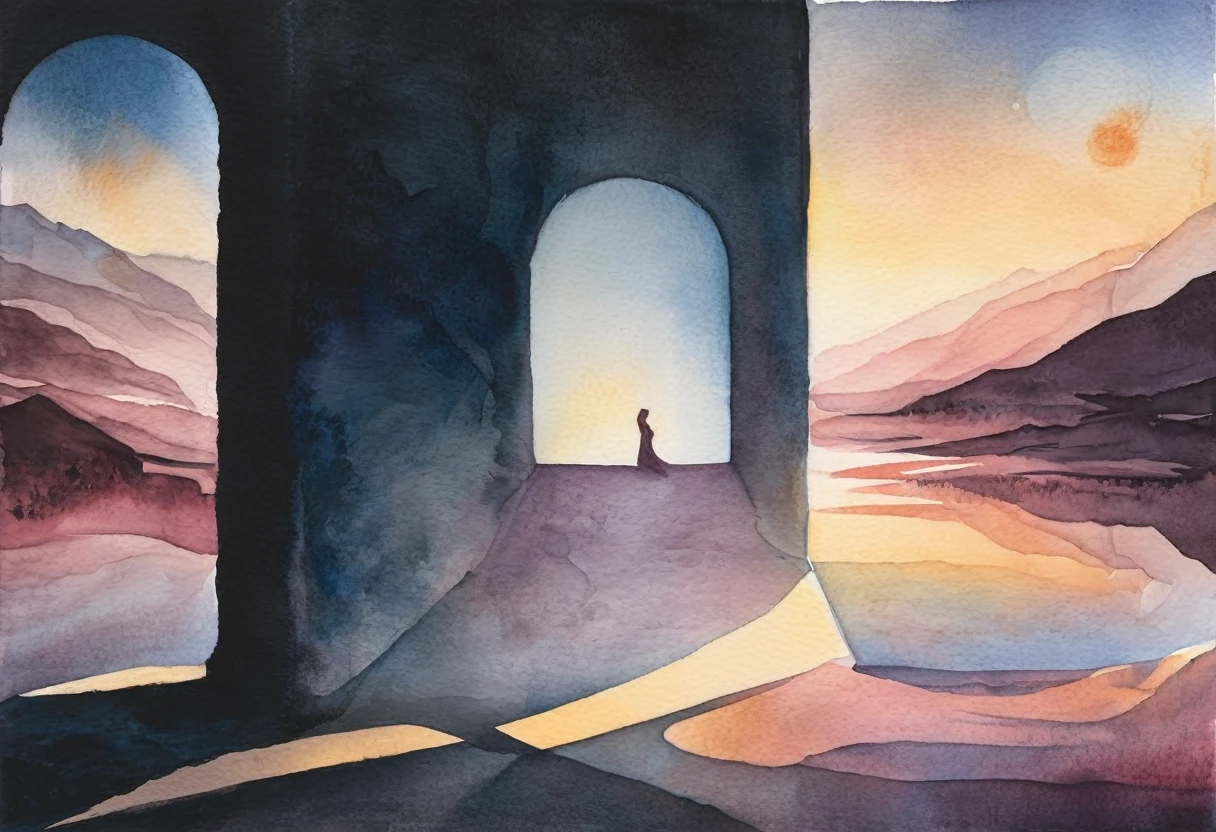 A captivating watercolor painting depicting the intersection between dark and light, with the central focus being a young woman's sculptural figure. The woman's body is illuminated by a soft light, contrasting with the shadows that surround her. The watercolor technique lends an ethereal, dreamlike quality to the piece, with a harmonious blend of colors and textures. The background features a surreal landscape, where light and darkness intertwine, creating an atmosphere of mystery and wonder.