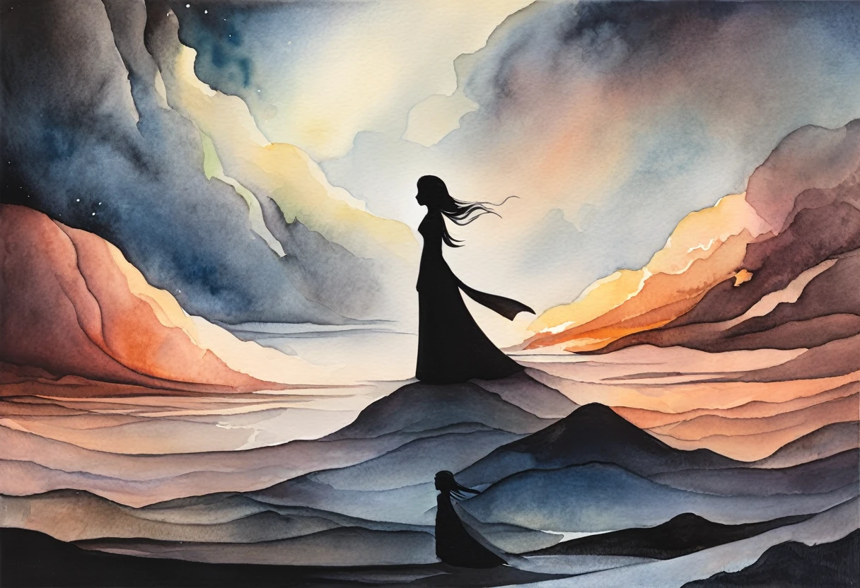 A captivating watercolor painting depicting the intersection between dark and light, with the central focus being a young woman's sculptural figure. The woman's body is illuminated by a soft light, contrasting with the shadows that surround her. The watercolor technique lends an ethereal, dreamlike quality to the piece, with a harmonious blend of colors and textures. The background features a surreal landscape, where light and darkness intertwine, creating an atmosphere of mystery and wonder.