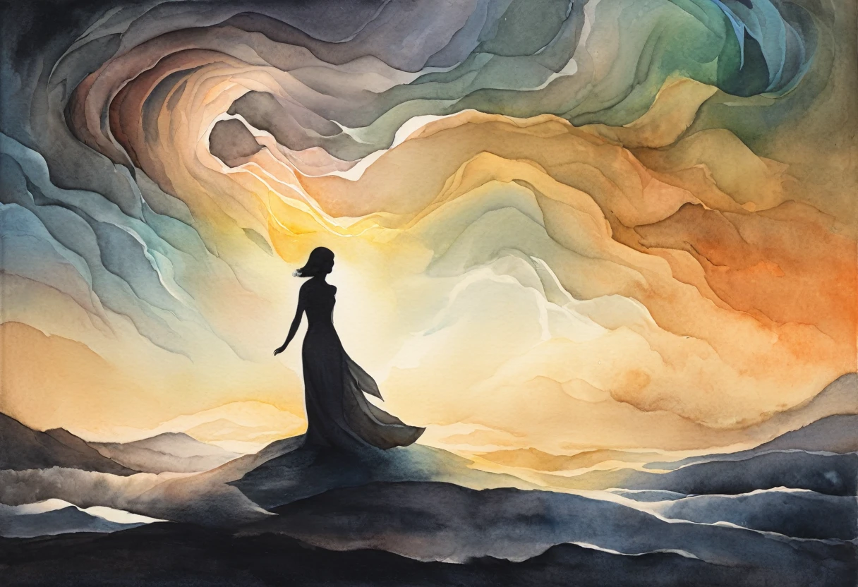 A captivating watercolor painting depicting the intersection between dark and light, with the central focus being a young woman's sculptural figure. The woman's body is illuminated by a soft light, contrasting with the shadows that surround her. The watercolor technique lends an ethereal, dreamlike quality to the piece, with a harmonious blend of colors and textures. The background features a surreal landscape, where light and darkness intertwine, creating an atmosphere of mystery and wonder.