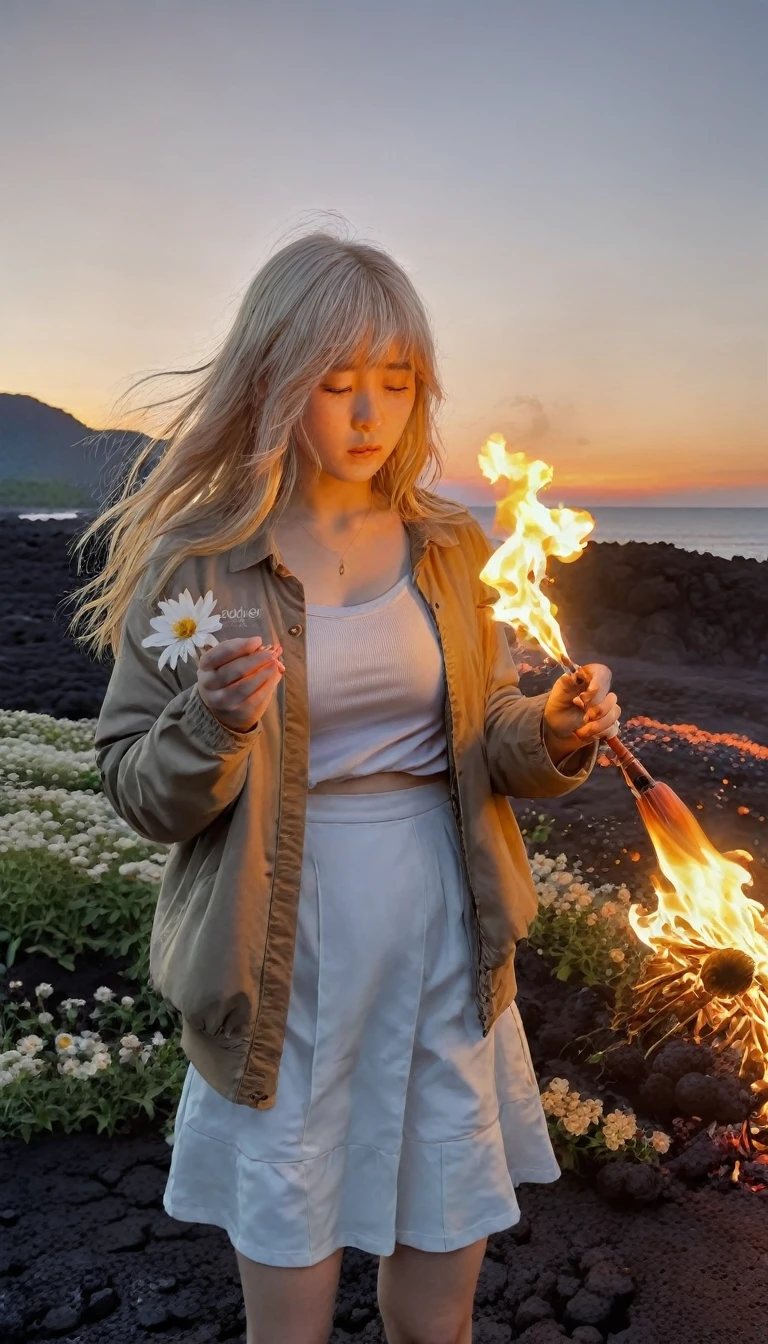 One girl, bangs, breathing fire, combustion, Burnt clothes, 残りfire, Ahoge, Beige Hair, Multicolored Hair, fire, inflammation, inflammationの剣, (Put your hand on the handle), Are standing, Long Hair,  Pyrokinesis, Expressionless, cigarette, flower(symbol),  alone, fireflower, sunset, Twilight, white flower, lava, Yuri (flower),  fiery flower, Depth of written boundary, combustion ,