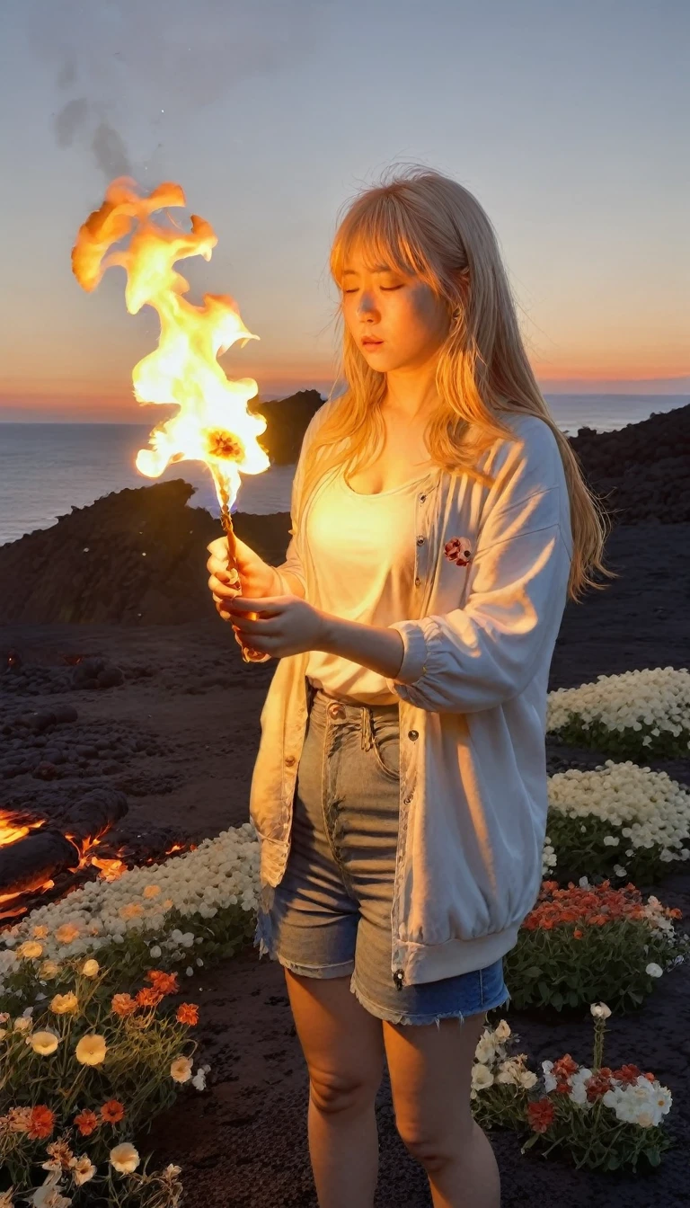 One girl, bangs, breathing fire, combustion, Burnt clothes, 残りfire, Ahoge, Beige Hair, Multicolored Hair, fire, inflammation, inflammationの剣, (Put your hand on the handle), Are standing, Long Hair,  Pyrokinesis, Expressionless, cigarette, flower(symbol),  alone, fireflower, sunset, Twilight, white flower, lava, Yuri (flower),  fiery flower, Depth of written boundary, combustion ,