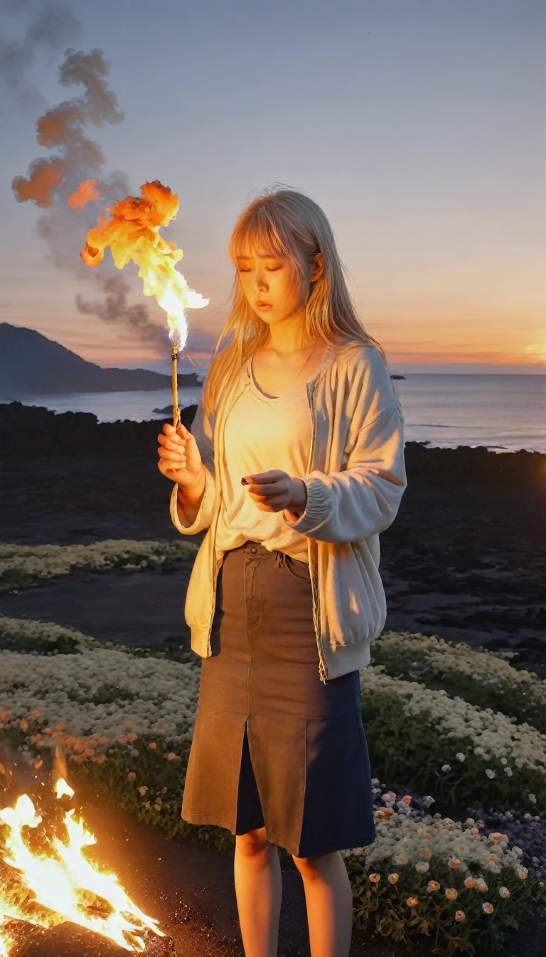 One girl, bangs, breathing fire, combustion, Burnt clothes, 残りfire, Ahoge, Beige Hair, Multicolored Hair, fire, inflammation, inflammationの剣, (Put your hand on the handle), Are standing, Long Hair,  Pyrokinesis, Expressionless, cigarette, flower(symbol),  alone, fireflower, sunset, Twilight, white flower, lava, Yuri (flower),  fiery flower, Depth of written boundary, combustion ,