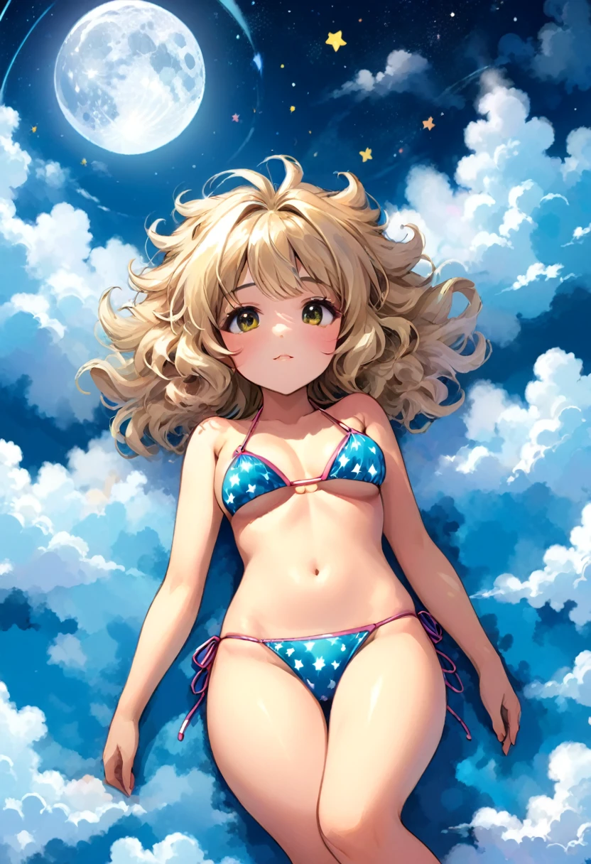 a beautiful 20 year old blonde woman with big messy hair, laying on a fluffy cloud in the sky, bikini made of clouds, with glowing moon and twinkling stars, with a small cityscape below, fantasy art style, rossdraws cartoon vibrant , cute detailed digital art, colorfull digital fantasy art, digital fantasy art ), glossy digital painting, rossdraws pastel vibrant, rossdraws 2. 5, rossdraws 1. 0