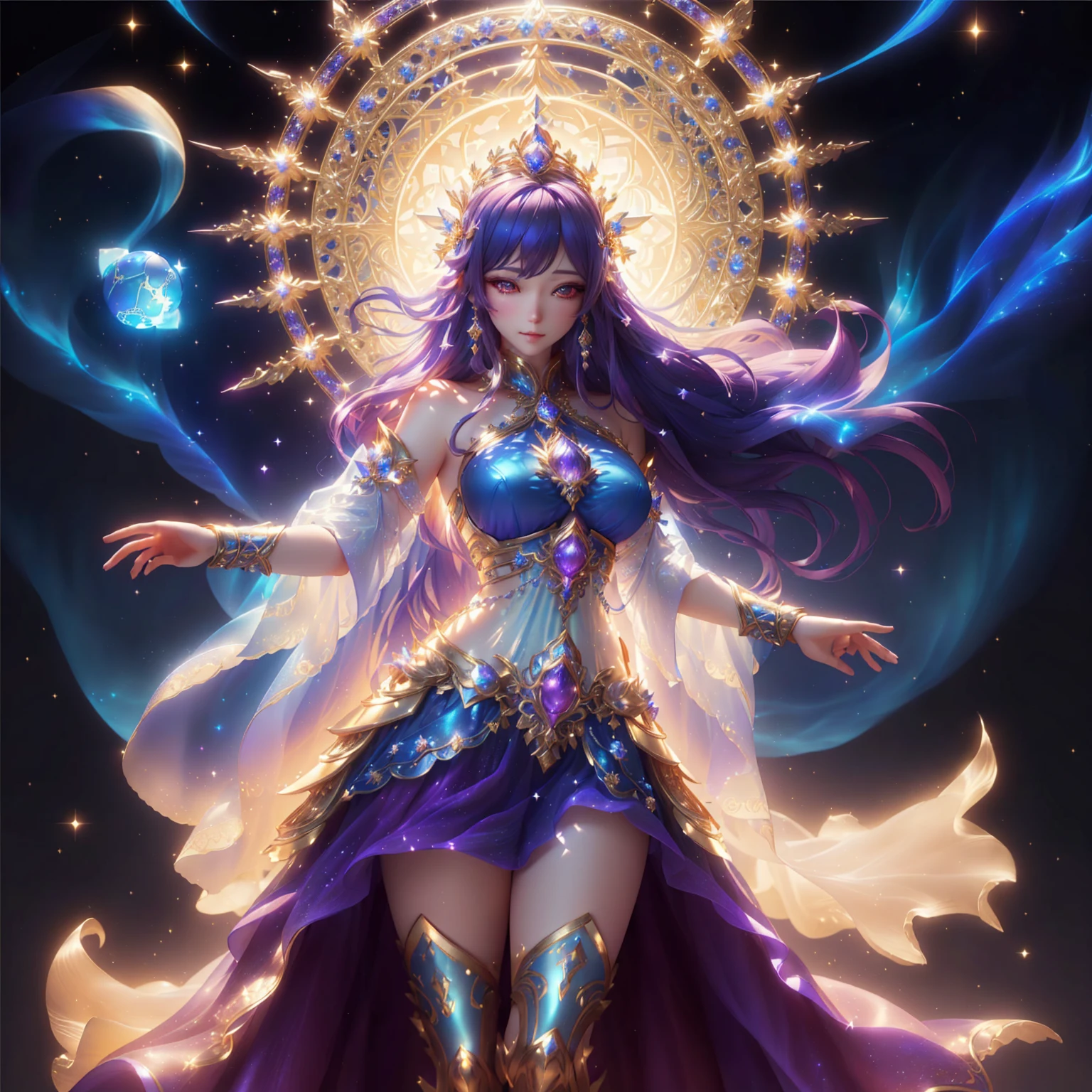 Woman in blue dress holding glowing ball in front of castle, Beautiful Fantasy Empress, goddess of light, beautiful heavenly mage, beautiful goddess, goddess. Very high detail, extremely detailed goddess shot, artgerm from artstation pixiv, Fantasy anime artwork, ((Beautiful Fantasy Empress)), anime goddess, celestial goddess, beautiful fantasy art