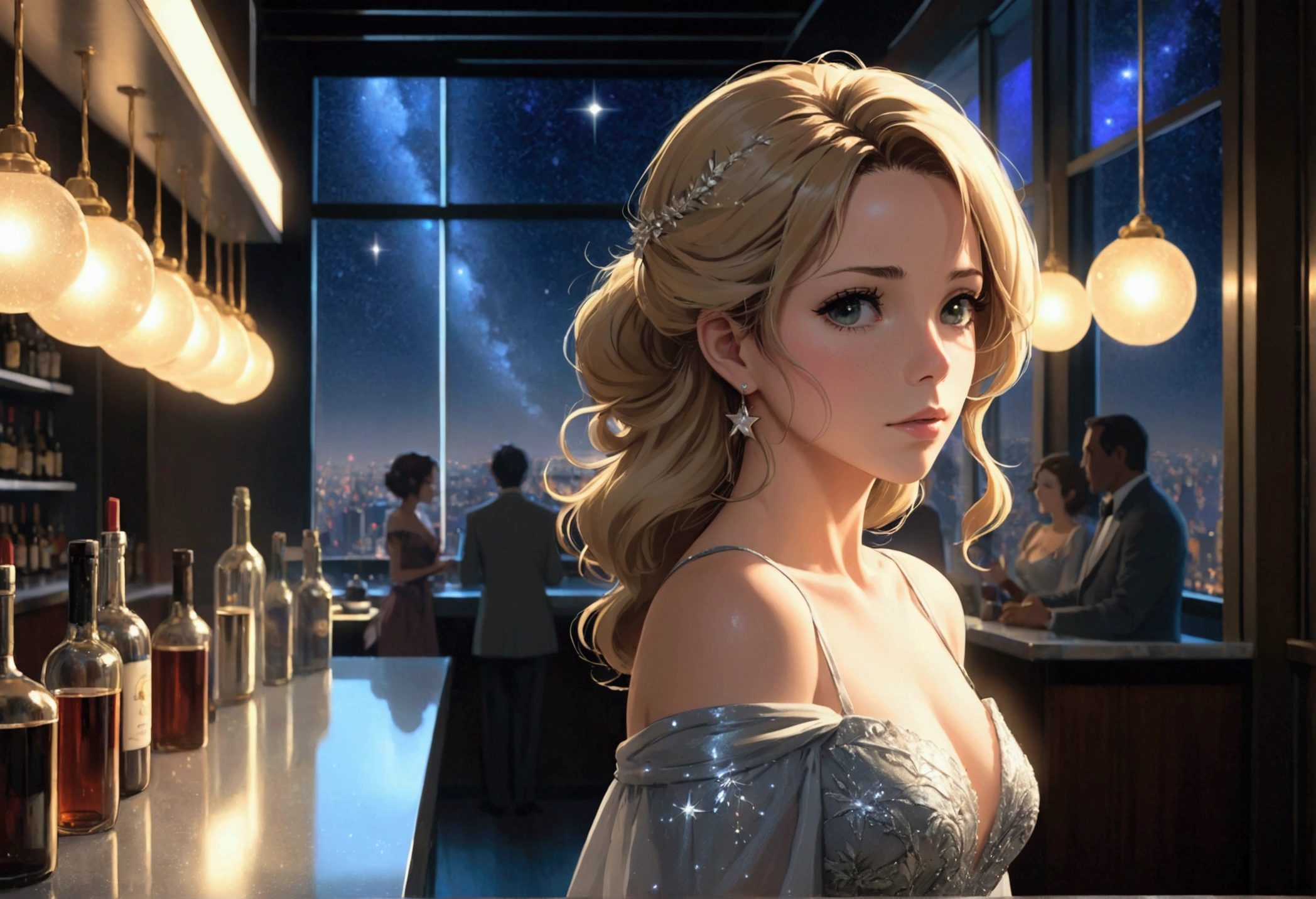 Uses Makoto Shinkai'The depiction is perfect,Portrait of Kate Beckinsale,8k 4k masterpiece photo ,new york,Glass ceiling jazz bar,I can see the twinkling stars through the glass window.,that'Outside in the dark night,Jazz is playing,profile,Beautiful profile,Kind expression,Semi-long hair,Blonde,Look in a different direction,Standing alone at the counter,She is wearing a silver dress with off-the-shoulders and a big bust.