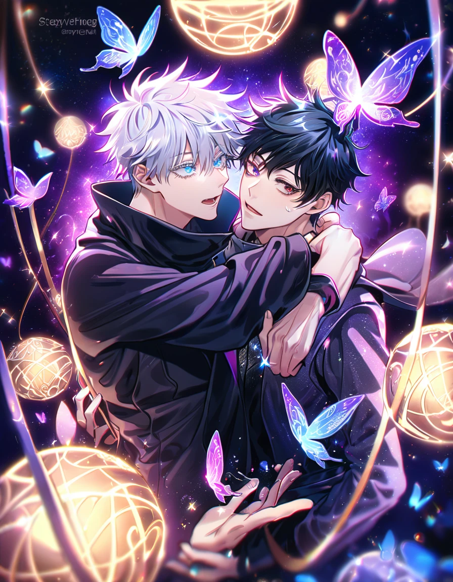 absurdres, highres, ultra detailed, HDR, master piece, best quality, Gojou Satoru, white hair, expressive blue eyes, white eyelashes, Jujutsu Kaisen, Dan Heng, black hair, expressive red eyes, two sexy men together, yaoi, gay couple, handsome, black coat, dark purple coat, fantasy, magical, sparkling, shining, purple lightning, floating round lights, starry sky, void, purple butterflies, purple moon
