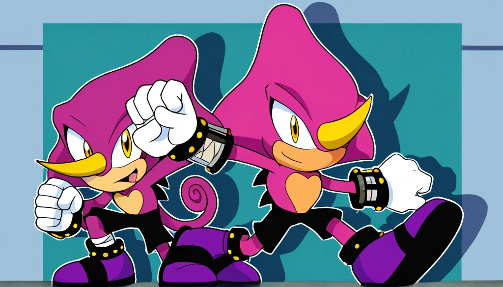Espio the chameleon, wearing black shorts, in the cyberspace, cgi backround, doing a dyamic pose,