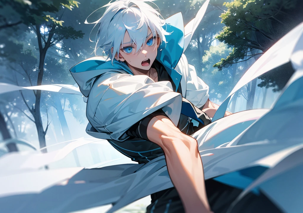 16 year old boy white hair-blue eyes ,working out, outdoors in the forest running into a girl with white hair and blue eyes face to face , hd quality, Super detailed, High quality