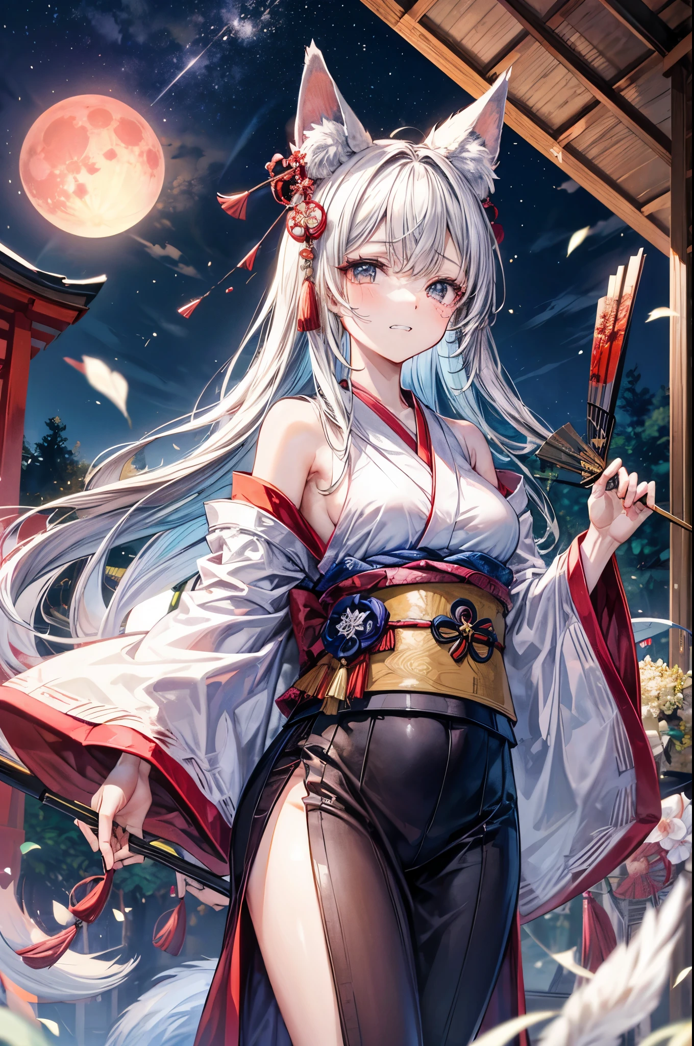 ((cowboy shot)), ((looking the viewer)), ((holding a folding fan)), shrine maiden lady in japanese forest by a Shishi-odoshi, ((desperate expression)), BREAK, kimono, pale eyes, fox ears, kitsune shrine maiden, clenched teeth, tears, BREAK, ancient shrine, night, blood moon, BREAK, (masterpiece), perfect face, HDR, 64k, SD, 