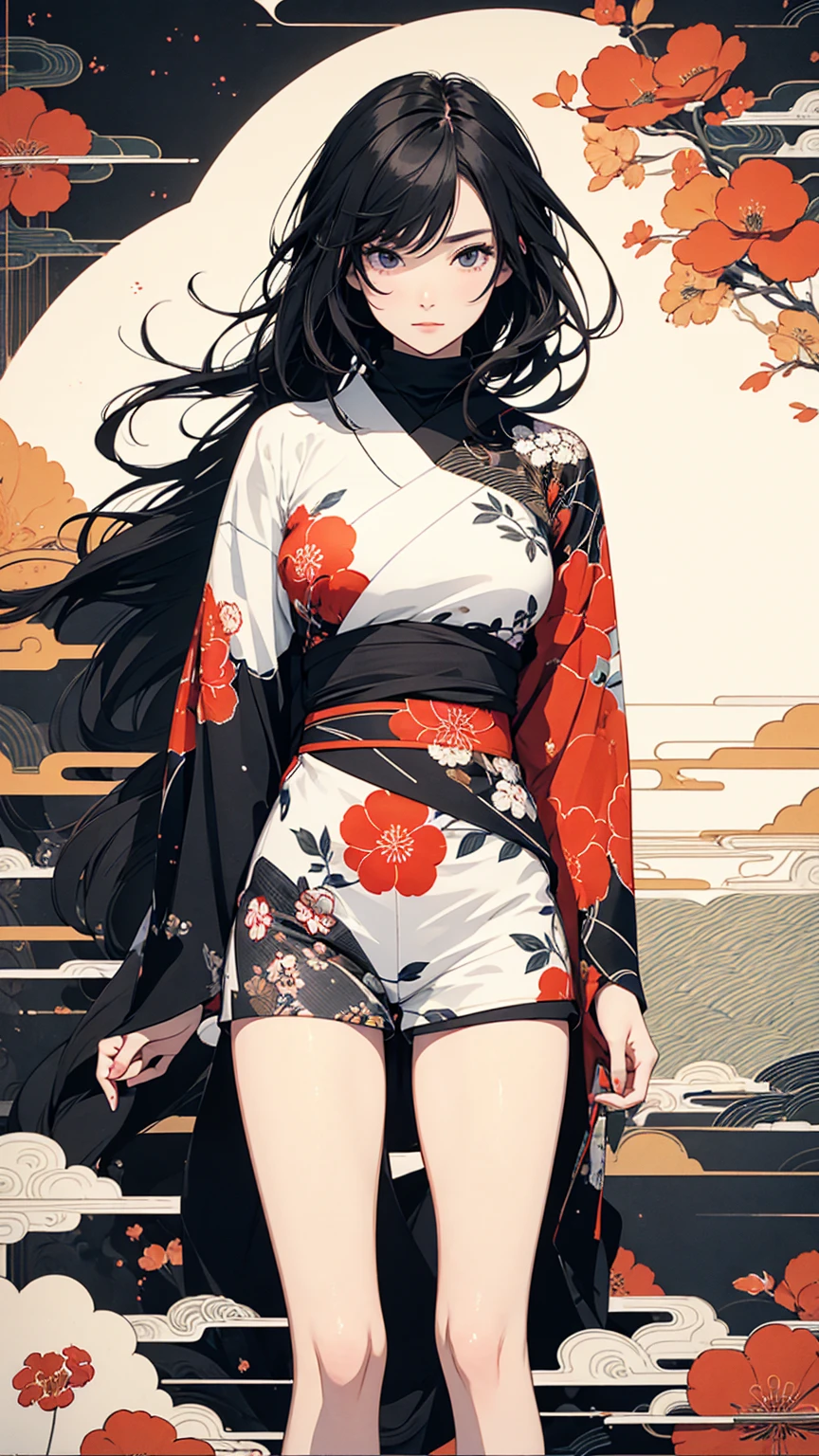 (masterpiece, High resolution, Highest quality), 20-year-old woman, Dynamic posing, A Japanese-patterned haori over a turtleneck:1.2, Japanese pattern micro mini shorts:1.2, Petal Collage, abstract design, artistic juxtapositions, And handle background, warm color, mixed-media approach, Anime Style, Simple lines, Digital Painting, 