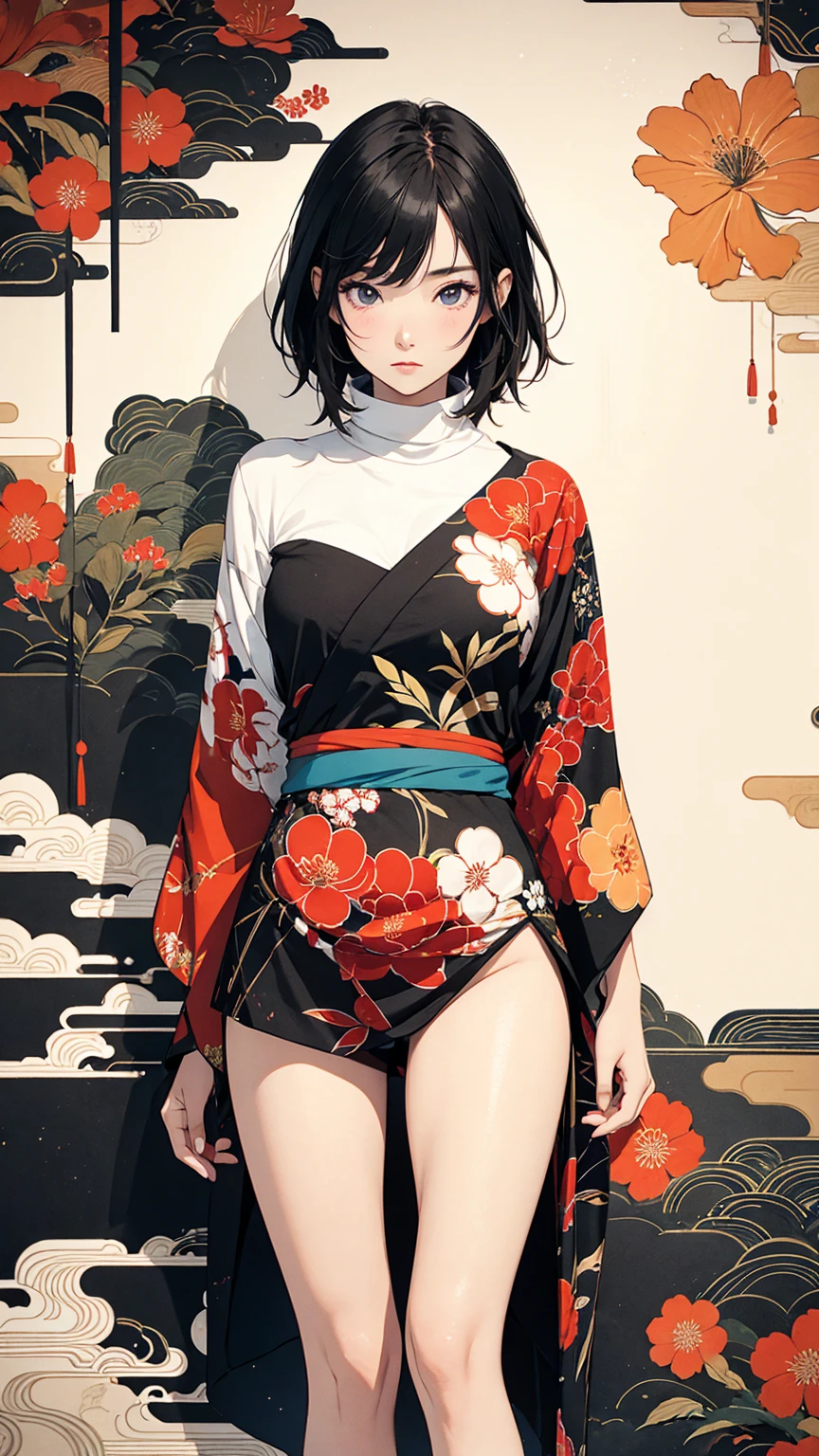 (masterpiece, High resolution, Highest quality), 20-year-old woman, Dynamic posing, A Japanese-patterned haori over a turtleneck:1.2, Japanese pattern micro mini shorts:1.2, Petal Collage, abstract design, artistic juxtapositions, And handle background, warm color, mixed-media approach, Anime Style, Simple lines, Digital Painting,