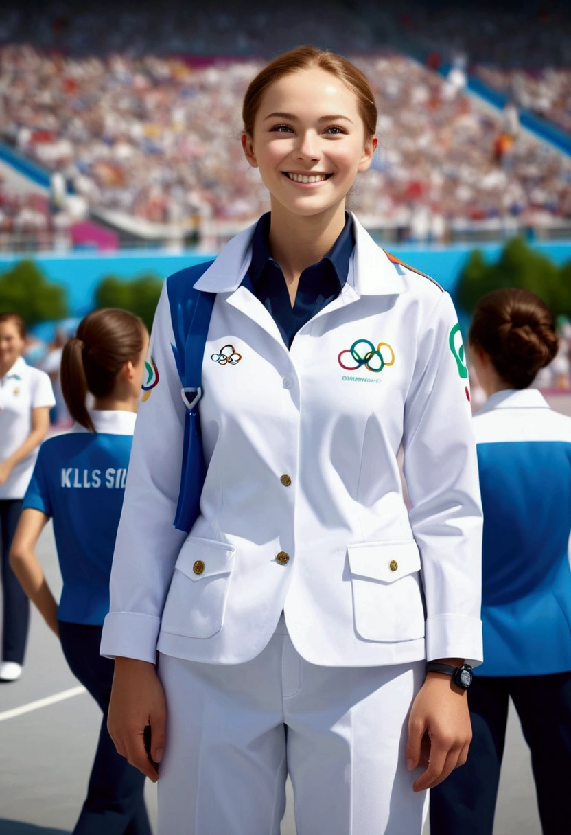 (Olympic Games), Olympic Games volunteers provide help at every corner. Wearing uniform uniforms and smiling, full body, award-winning, cinematic still, emotional, vignette, dynamic, vivid, (masterpiece, best quality, photorealistic, Professional, perfect composition, very aesthetic, absurdres, ultra-detailed, intricate details:1.3)