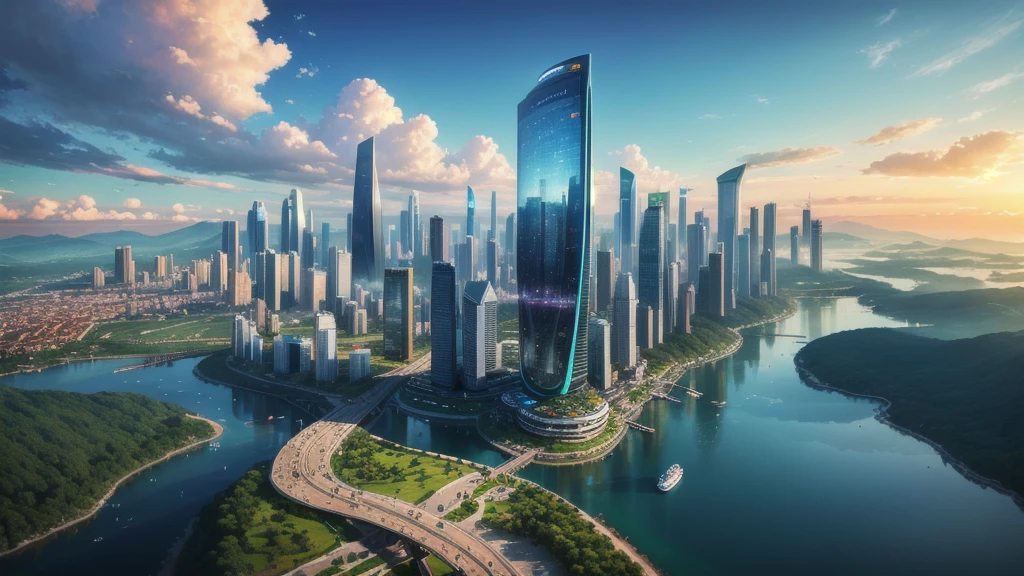 (Highest quality,4K,8k,High resolution,masterpiece:1.2),Very detailed,(Realistic,Realistic,Photorealistic:1.37),Futuristic floating city,Future Technology,Huge urban high-tech tablet platform,airship,Floating in the sky,Future City,小さなairshipが周囲に,High-tech hemispherical platform,Colorful lights,High-level architecture,Modern architecture,Skyscraper,Access the cloud,Beautiful views,City view,Impressive design,Seamlessly blending with nature,vibrant and lively atmosphere,Future Transportation Systems,No Parking,Transparent path,Lush greenery,Sky Garden,waterfall,Spectacular Skyline,Reflection on the surface of the water,Shining River,Architectural Innovation,Futuristic skyscrapers,Transparent Dome,The building has an unusual shape,Elevated walkway,Impressive Skyline,Glowing lights,Future Technology,minimalist design,Scenic spots,panoramic,tower that pierces the clouds,Vibrant colors,Spectacular sunrise,Spectacular sunset,Dazzling light display,Magical atmosphere,Future City,Urban Utopia,Luxury Lifestyle,Innovative Energy,Sustainable Development,Smart City Technology,Advanced Infrastructure,Quiet atmosphere,Nature and technology coexist in harmony,Great cityscape,Unprecedented urban planning,Architecture seamlessly connects with nature,High-tech city,A marvel of cutting-edge engineering,The future of urban living,A visionary architectural concept,Energy-efficient buildings,Harmony with the environment,A city floating above the clouds,Utopian dreams become reality,The possibilities are endless,Cutting-edge transportation network,Green Energy Integration,Innovative Materials,Impressive holographic display,Advanced Communication Systems,Breathtaking aerial views,Quiet and peaceful environment,Modernist aesthetics,Heavenly Beauty