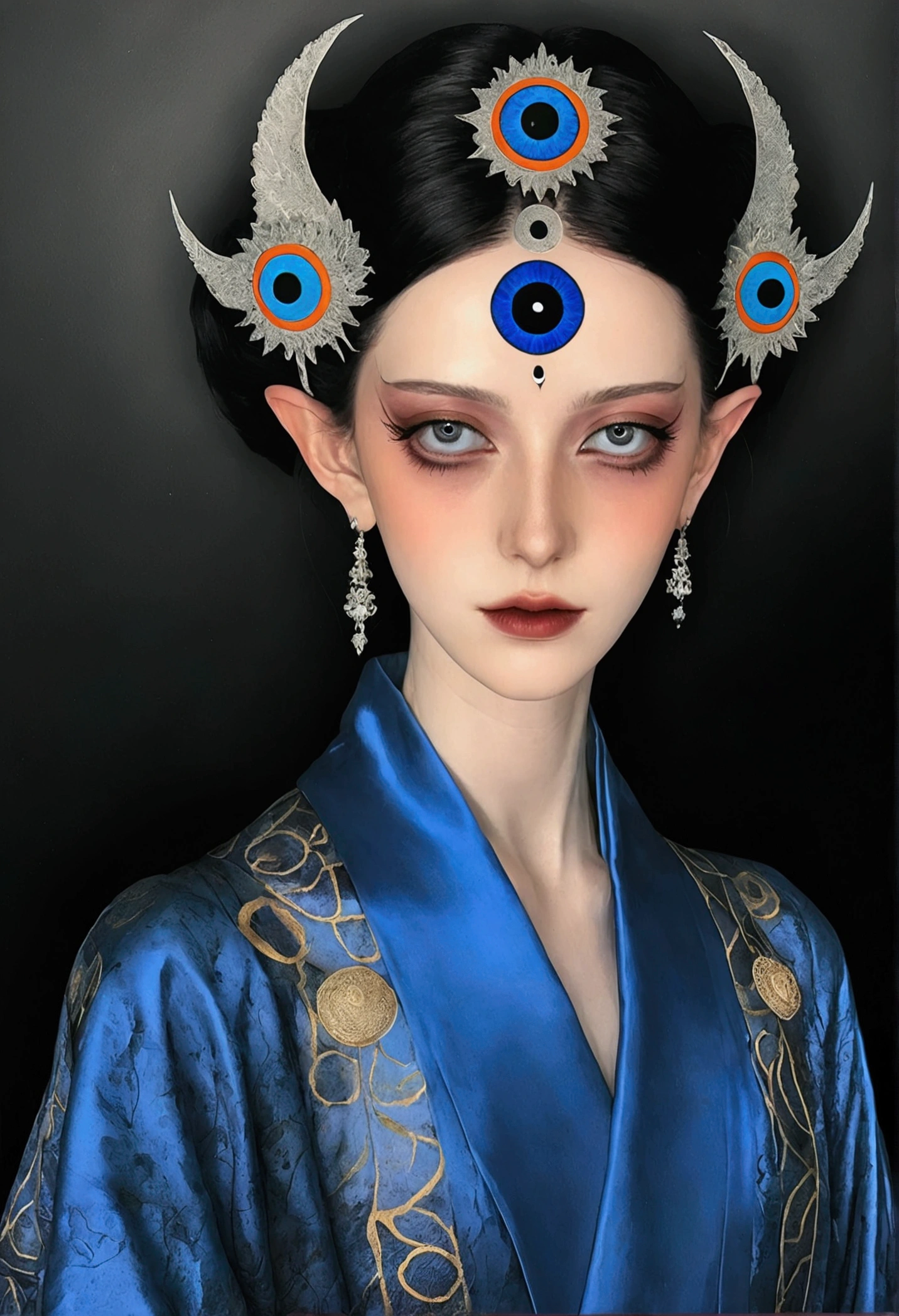 The art of math,Digital Illustration,Drawing,Decorative paintings,Watercolor,(((Harry Clark (Harry Clarke) style,圣地亚哥·卡鲁索style))),Simple,clean,Fine painting style,(((The third eye on the forehead。Eyeliner,short hair,Pointed ears,robe))),Wide Angle,Black and blue,Solid color background,Human anatomy is correct