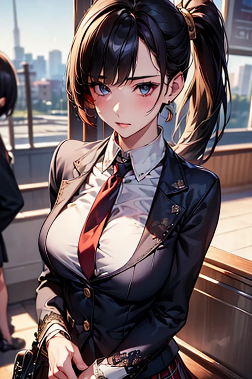 ((Highest quality)),(超High resolution),(Very detailed),(Detailed Description),((The best CG)),(masterpiece),Ultra-detailed art、(Highest quality、8k、32K、masterpiece)、(Realistic)、(Realistic:1.2)、(High resolution)、Very detailed、Very beautiful face and eyes、1 female、Tight waist、Delicate body、(Highest quality、Attention to detail、Rich skin detail)、(Highest quality、8k、Oil paints:1.2)、Very detailed、(Realistic、Realistic:1.37)、Bright colors、
((Straight ponytail、The bangs are straight and fall on the forehead、Black Hair))、 Light skin tone、Smooth and healthy skin、
""tops:
Navy blue single-breasted blazer with gold buttons（Three-pronged）
White blouse with red ribbon tie bottoms:
Checkered pleated skirt（Navy and red tartan check）
accessories:
Simple stud earrings Slim watches（silver）
shoes:
Black loafer detail:
School emblem on blazer breast pocket, lace edging on blouse collar and cuffs: School corridor、((Commuting to school:1.6))、Or natural scenery""