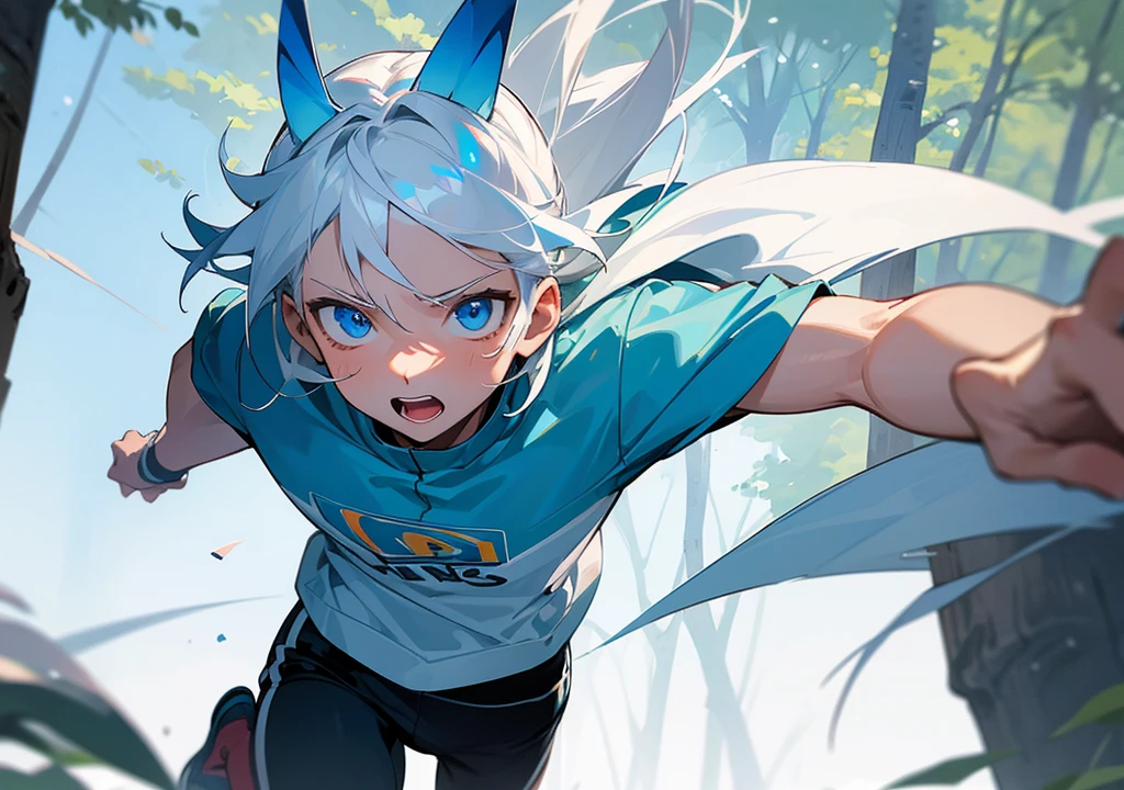 16 year old boy white hair-blue eyes ,working out, outdoors in the forest running into a girl with white hair and blue eyes face to face , hd quality, Super detailed, High quality