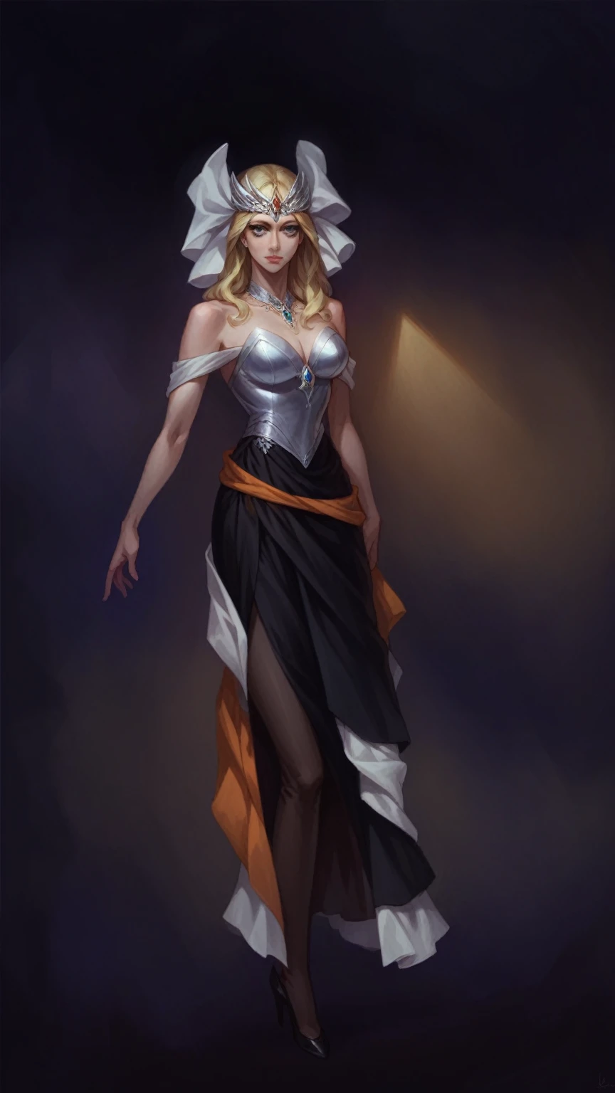 a highly detailed, hyperrealistic portrait of a woman looking straight at the camera, beautiful detailed eyes, beautiful detailed lips, extremely detailed eyes and face, long eyelashes, flawless porcelain skin, blonde hair, elegant expression, wearing an ornate golden headpiece, intricate jewelry, against a dark, moody background with dramatic lighting, masterpiece, best quality, 8k, u