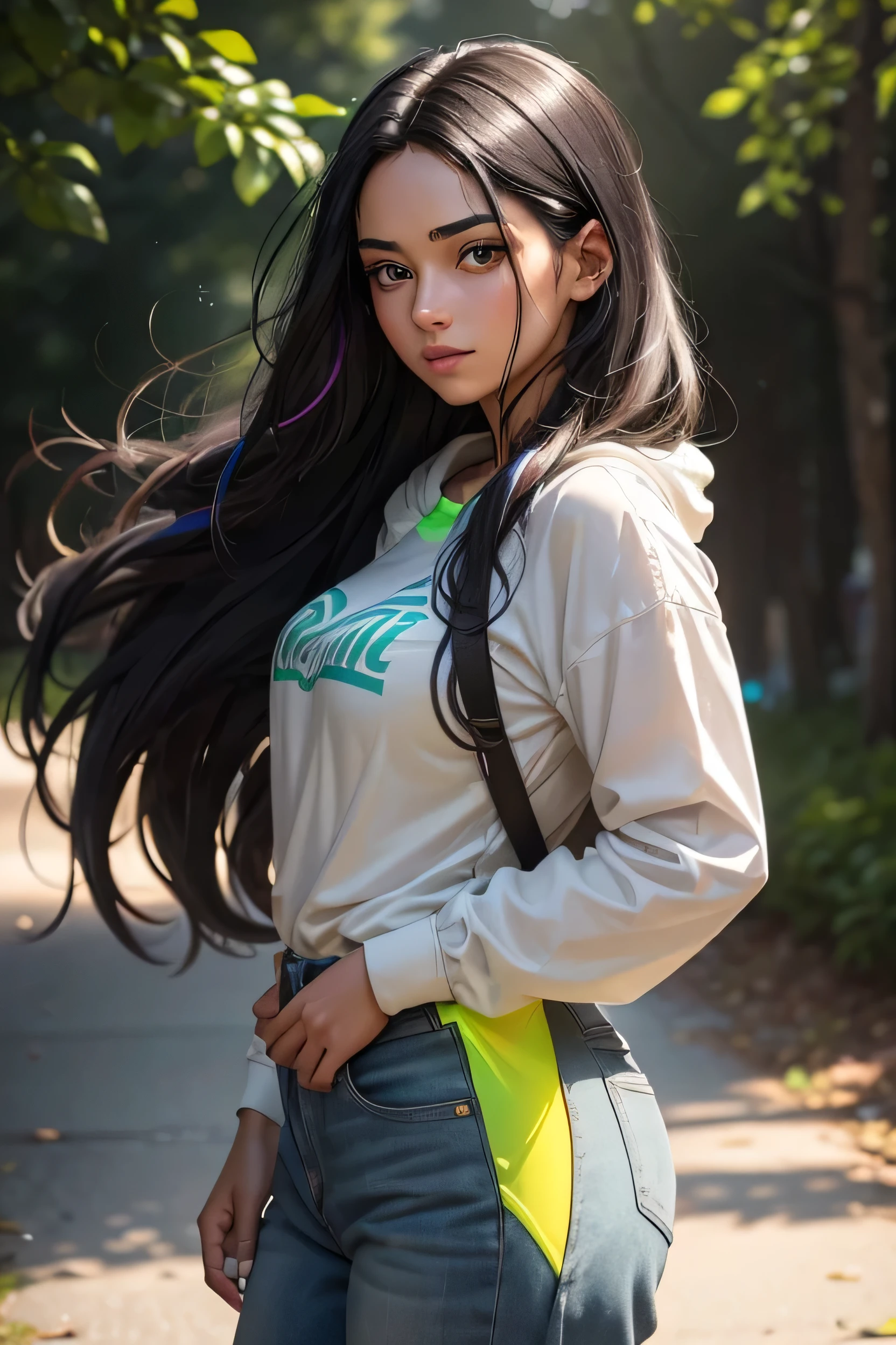 A young woman with a captivating presence. Her black hair is adorned with colored highlights, that shine in the light, creating a rainbow effect on your locks. Your neon green eyes are intense and luminous, but they exude a deep and serene calm. your gaze is calm and compassionate, reflecting a maturity beyond his years. She carries a more mature air, that shines through in your posture and the thoughtful choices you make.