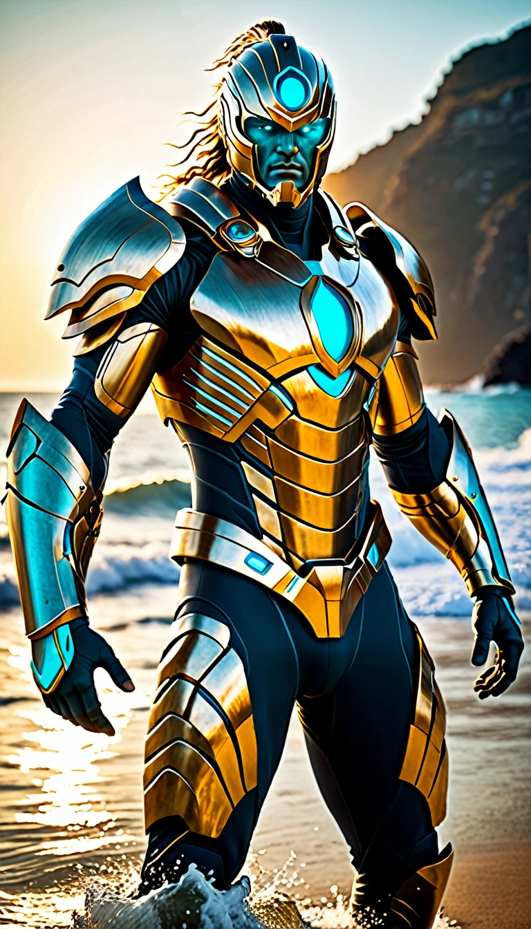 Create a full-body, powerful, futuristic sunlit sea warrior avatar with advanced technology integrated into the armor. The character should have a strong, heroic physique and confident facial features, with some parts of the face visible. The armor should be a blend of ancient Greek or Atlantean warrior styles, covering essential parts of the body while leaving some muscular areas exposed. Subtle sunlit themes, such as sun rays and golden patterns, should be incorporated into the design, using a color scheme of turquoise, gold, and silver. The character should emanate a sense of strength and dominance, with glowing blue eyes and a radiant, sunlit aura. Ensure the character is visible from head to toe, standing against a backdrop of a sunlit ocean, with sparkling water and a clear horizon visible, to enhance the powerful and dynamic setting.