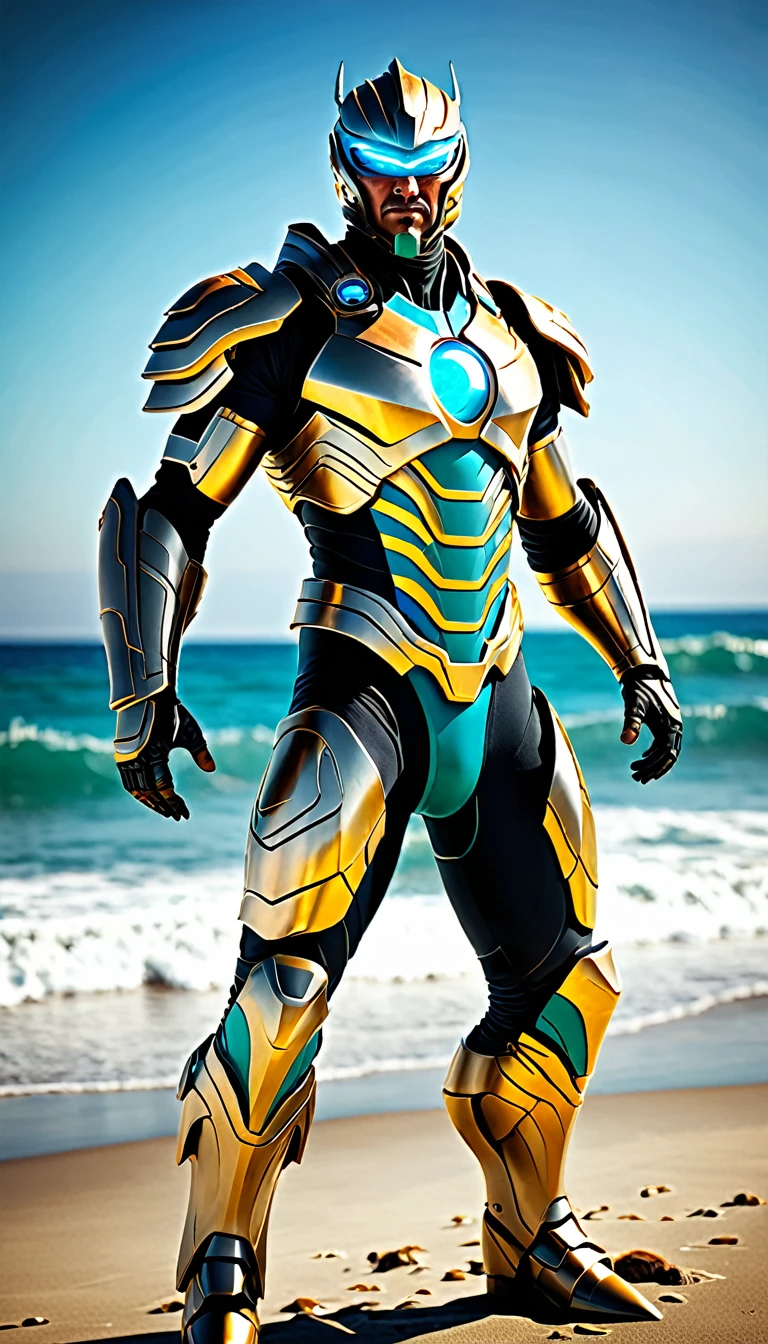 Create a full-body, powerful, futuristic sunlit sea warrior avatar with advanced technology integrated into the armor. The character should have a strong, heroic physique and confident facial features, with some parts of the face visible. The armor should be a blend of ancient Greek or Atlantean warrior styles, covering essential parts of the body while leaving some muscular areas exposed. Subtle sunlit themes, such as sun rays and golden patterns, should be incorporated into the design, using a color scheme of turquoise, gold, and silver. The character should emanate a sense of strength and dominance, with glowing blue eyes and a radiant, sunlit aura. Ensure the character is visible from head to toe, standing against a backdrop of a sunlit ocean, with sparkling water and a clear horizon visible, to enhance the powerful and dynamic setting.