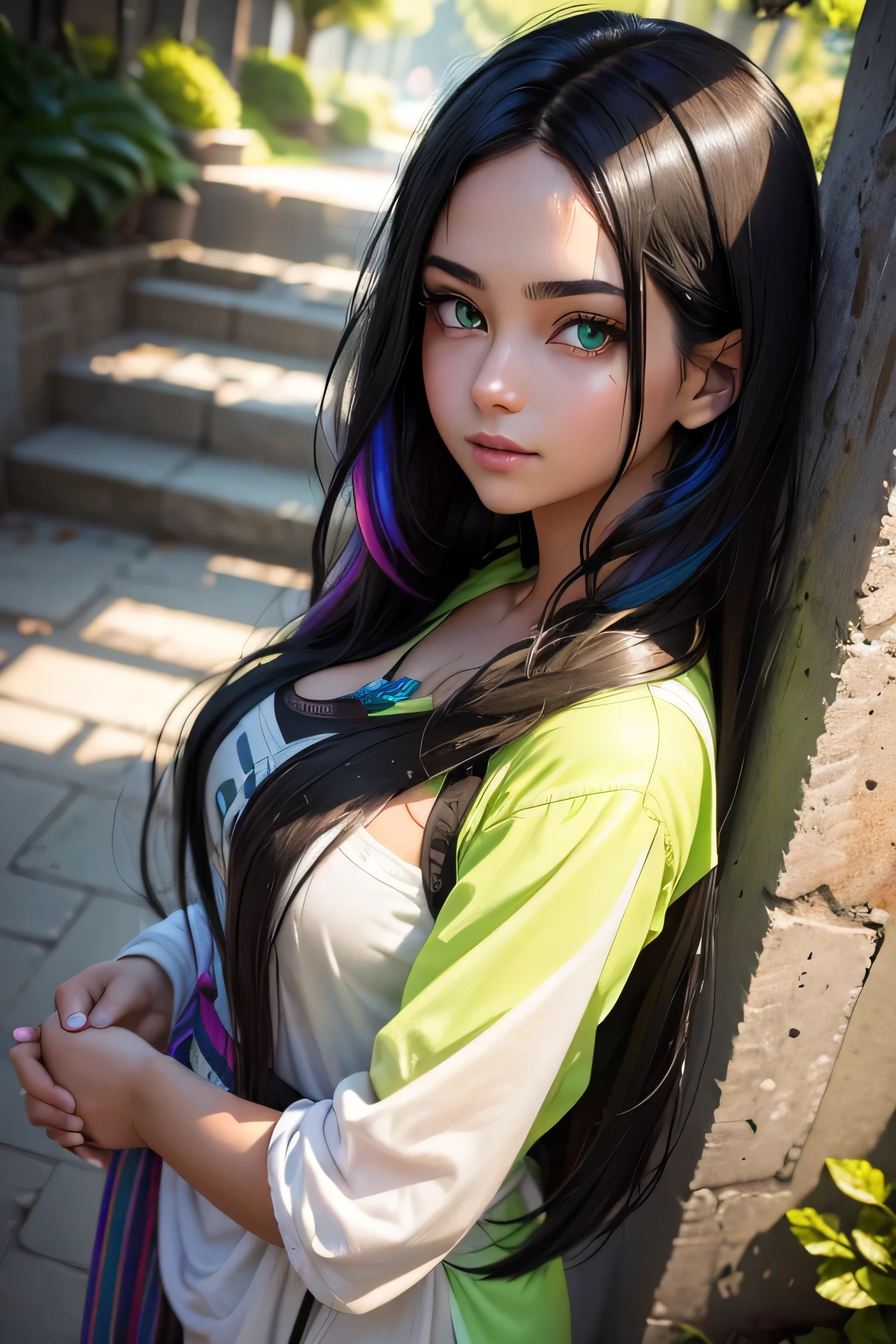 A young woman with a captivating presence. Her black hair is adorned with colored highlights, that shine in the light, creating a rainbow effect on your locks. Your neon green eyes are intense and luminous, but they exude a deep and serene calm. your gaze is calm and compassionate, reflecting a maturity beyond his years. She carries a more mature air, that shines through in your posture and the thoughtful choices you make.