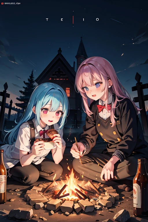 horror anime style, super fine illustration, masterpiece,best quality,highly detailed, dynamic angle, beautiful detailed, 8k, On a summer night, in a graveyard, cute ghosts are having a feast. BREAK They enjoy meat dishes and beer around a campfire, having a joyful time.