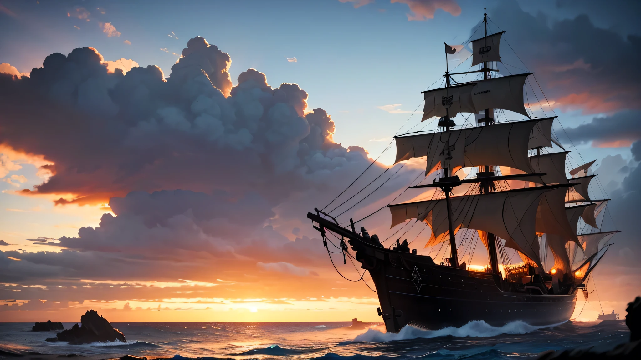 Painting, the back of a tall (pirate ship), sails unfurled, stormy (sea and sky), enormous (rocky alcove), turbulent clouds, dark (vivid colors), sunset colors, turbulent sky, dusk colors, Art by malczewski, rossdraws, artgerm, irakli, guweiz, griffiths, horikoshi, trending, realistic, 4k, UHD, best art, ultra sharp, dynamic lighting, insane detail