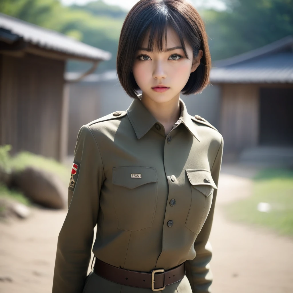 88K, Ultra-high resolution, Highest quality, masterpiece, 三分割法によるphotograph,Surreal, photograph, 1 Girl, (16 years old:1.3), pretty girl, Cute Face, Beautiful eyes in every detail, 細かくdetailedに,masterpiece,One Girl:1.2,Japanese female soldier,extream close up,furious,Black short hair,Bob with bangs, (combat uniform:1.3),Muddy Face,Sharp contours,Looking down, (Dirty Face:1.3),battlefield, Light from above, Low contrast, (Side view),, Perfect and beautiful face ,完璧でCute Face, Skin with attention to detail, Perfect limbs、Narrow waist,Looking at the audience,(((Ideal body type))),A cup small breasts :2,Portraiture:2,Perfect Anatomy,鮮明なdetailed,detailed,Surreal,Light and shadow,darkness