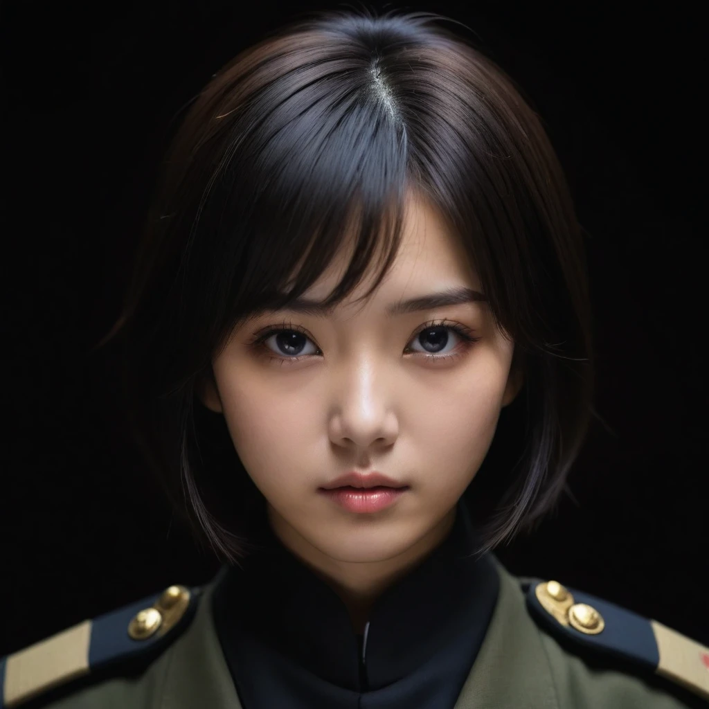 8k, Ultra-high resolution, Highest quality, masterpiece, 三分割法によるphotograph,Surreal, photograph, 1 Girl, (16 years old:1.3), pretty girl, Cute Face, Beautiful eyes in every detail, 細かくdetailedに,masterpiece,One Girl:1.2,Japanese female soldier,extream close up,furious,Black short hair,Bob with bangs, (combat uniform:1.3),Muddy Face,Sharp contours,Looking down, (Dirty Face:1.3),battlefield, Light from above, Low contrast, (Side view),, Perfect and beautiful face ,完璧でCute Face, Skin with attention to detail, Perfect limbs、Narrow waist,Looking at the audience,(((Ideal body type))),A cup small breasts :2,Portraiture:2,Perfect Anatomy,鮮明なdetailed,detailed,Surreal,Light and shadow,darkness