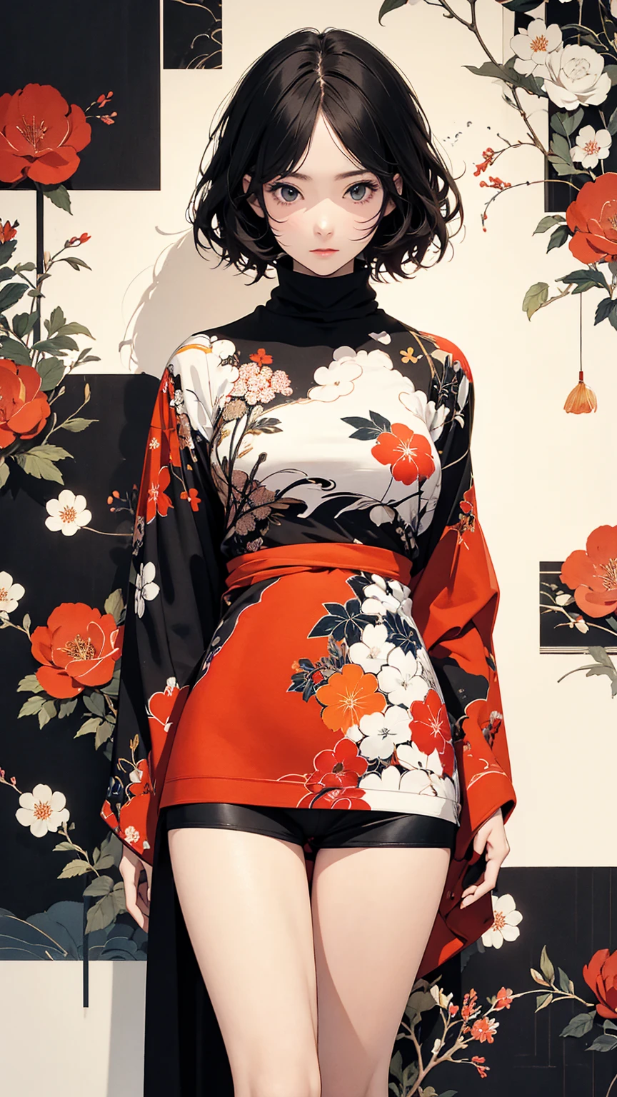 (masterpiece, High resolution, Highest quality), 20-year-old woman, Dynamic posing, Coordinating a turtleneck with a Japanese-style haori coat:1.2, Micro Mini Shorts:1.2, Petal Collage, abstract design, artistic juxtapositions, And handle background, warm color, mixed-media approach, Anime Style, Simple lines, Digital Painting,