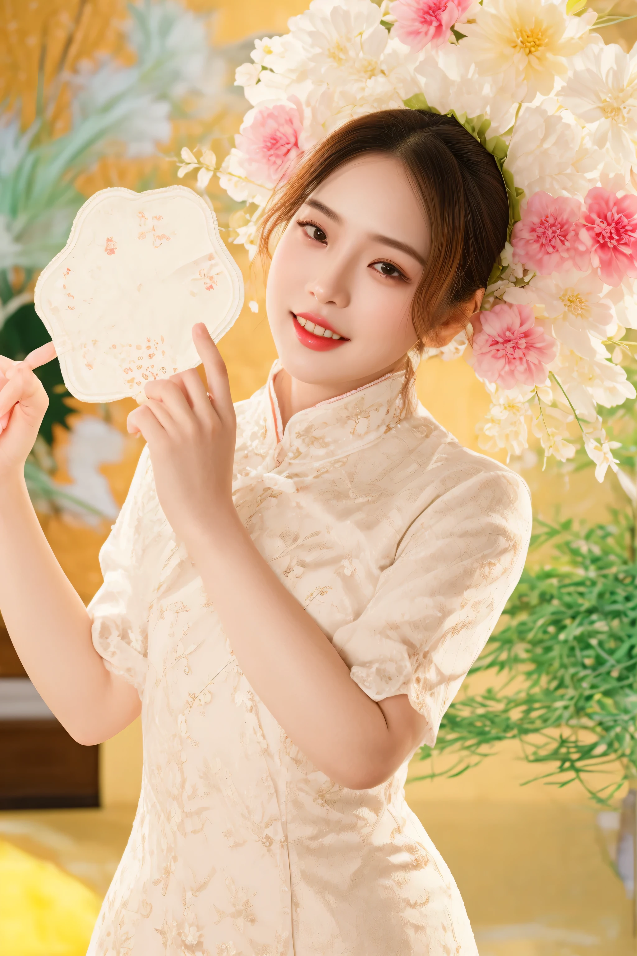 there is a woman in a dress and hat holding a fan, cheongsam, traditional chinese, chinese girl, chinese woman, chinese style, chinese costume, palace ， a girl in hanfu, with acient chinese clothes, white hanfu, traditional chinese clothing, chinese dress, chinese princess, ao dai, portrait shot, joyful look, a young asian woman