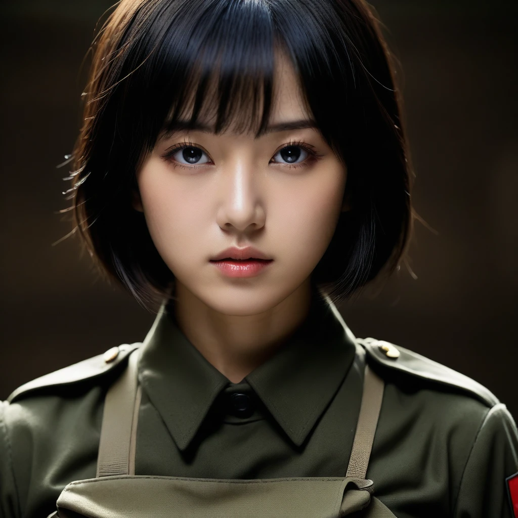 8k, Ultra-high resolution, Highest quality, masterpiece, 三分割法によるphotograph,Surreal, photograph, 1 Girl, (16 years old:1.3), pretty girl, Cute Face, Beautiful eyes in every detail, 細かくdetailedに,masterpiece,One Girl:1.2,Japanese female soldier,extream close up,furious,Black short hair,Bob with bangs, (combat uniform:1.3),Muddy Face,Sharp contours,Looking down, (Dirty Face:1.3),battlefield, Light from above, Low contrast, (Side view),, Perfect and beautiful face ,完璧でCute Face, Skin with attention to detail, Perfect limbs、Narrow waist,Looking at the audience,(((Ideal body type))),A cup small breasts :2,Portraiture:2,Perfect Anatomy,鮮明なdetailed,detailed,Surreal,Light and shadow,darkness