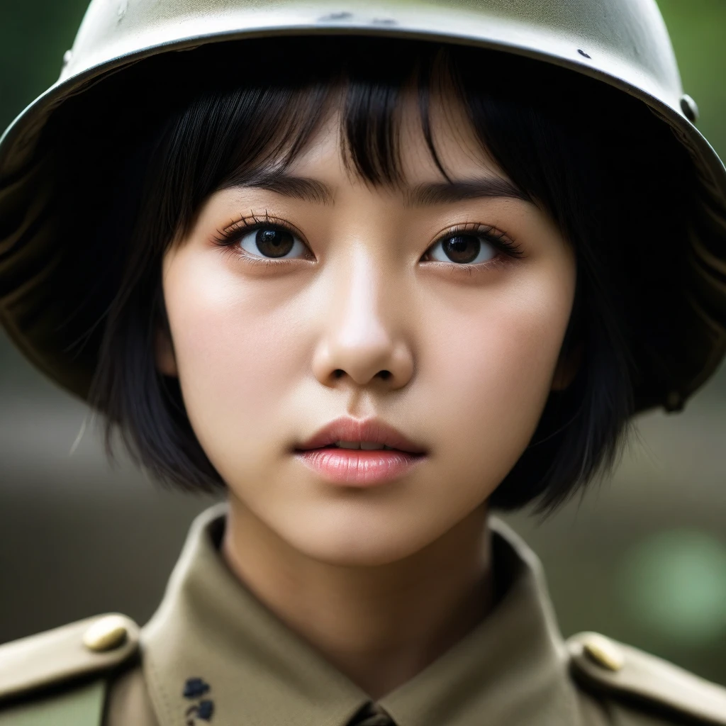 8k, Ultra-high resolution, Highest quality, masterpiece, 三分割法によるphotograph,Surreal, photograph, 1 Girl, (16 years old:1.3), pretty girl, Cute Face, Beautiful eyes in every detail, 細かくdetailedに,masterpiece,One Girl:1.2,Japanese female soldier,extream close up,furious,Black short hair,Bob with bangs, (combat uniform:1.3),Muddy Face,Sharp contours,Looking down, (Dirty Face:1.3),battlefield, Light from above, Low contrast, (Side view),, Perfect and beautiful face ,完璧でCute Face, Skin with attention to detail, Perfect limbs、Narrow waist,Looking at the audience,(((Ideal body type))),A cup small breasts :2,Portraiture:2,Perfect ???????,鮮明なdetailed,detailed,Surreal,Light and shadow,darkness