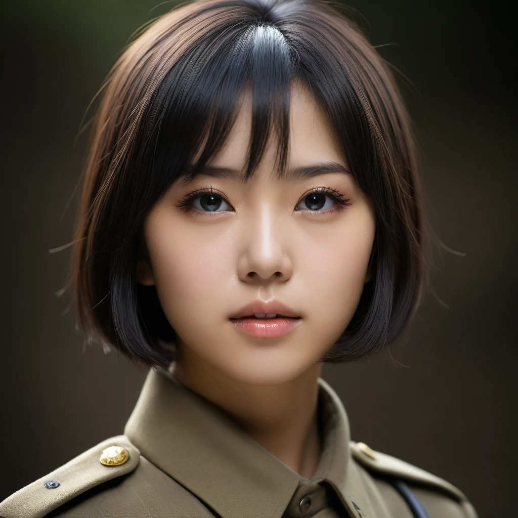 8k, Ultra-high resolution, Highest quality, masterpiece, 三分割法によるphotograph,Surreal, photograph, 1 Girl, (16 years old:1.3), pretty girl, Cute Face, Beautiful eyes in every detail, 細かくdetailedに,masterpiece,One Girl:1.2,Japanese female soldier,extream close up,furious,Black short hair,Bob with bangs, (combat uniform:1.3),Muddy Face,Sharp contours,Looking down, (Dirty Face:1.3),battlefield, Light from above, Low contrast, (Side view),, Perfect and beautiful face ,完璧でCute Face, Skin with attention to detail, Perfect limbs、Narrow waist,Looking at the audience,(((Ideal body type))),A cup small breasts :2,Portraiture:2,Perfect Anatomy,鮮明なdetailed,detailed,Surreal,Light and shadow,darkness