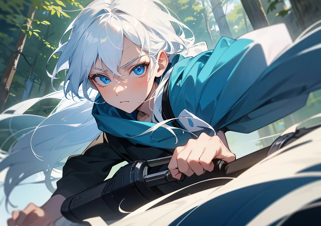 16 year old boy white hair-blue eyes ,working out, outdoors in the forest coming across a beautiful 16 year old woman with white hair and blue eyes face to face , hd quality, Super detailed, extremely high quality, perfect detailed