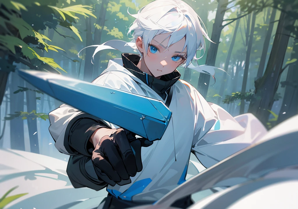 16 year old boy white hair-blue eyes ,working out, outdoors in the forest coming across a beautiful 16 year old woman with white hair and blue eyes face to face  , hd quality, Super detailed, extremely high quality, perfect detailed 