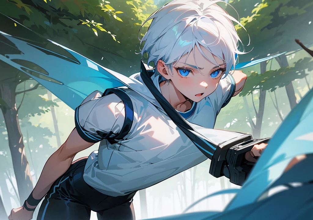 16 year old boy white hair-blue eyes ,working out, outdoors in the forest coming across a beautiful 16 year old woman with white hair and blue eyes face to face  , hd quality, Super detailed, extremely high quality, perfect detailed 
