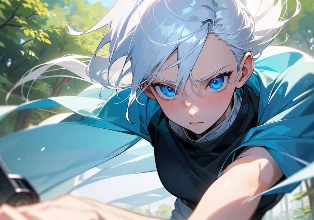 16 year old boy white hair-blue eyes ,working out, outdoors in the forest coming across a beautiful 16 year old woman with white hair and blue eyes face to face  , hd quality, Super detailed, extremely high quality, perfect detailed 