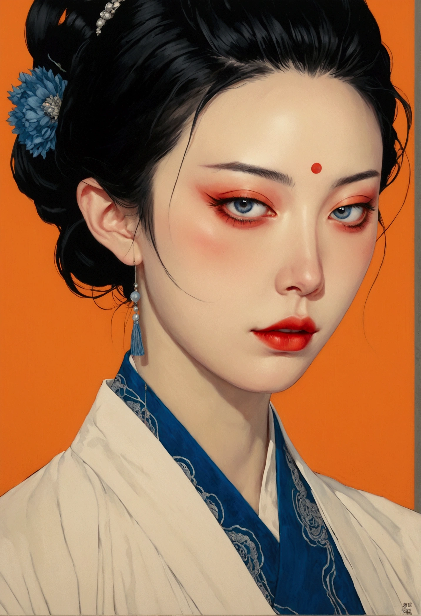 ASCII 艺术style, portrait, best quality, high resolution, Ultrafine, (realism: 1.37), Character concept design, 海夫·卡赫拉曼style, Chinese Girl portrait, portrait of a Girl, Beautifully detailed eyes, Beautifully detailed lips, Delicate face, Long eyelashes, Fashionable urban clothing, Intermission, blue and orange, Clear focus, Studio Lighting,Stanley Donwood (Stanley Donwood) style, Features, Ink Art, side view