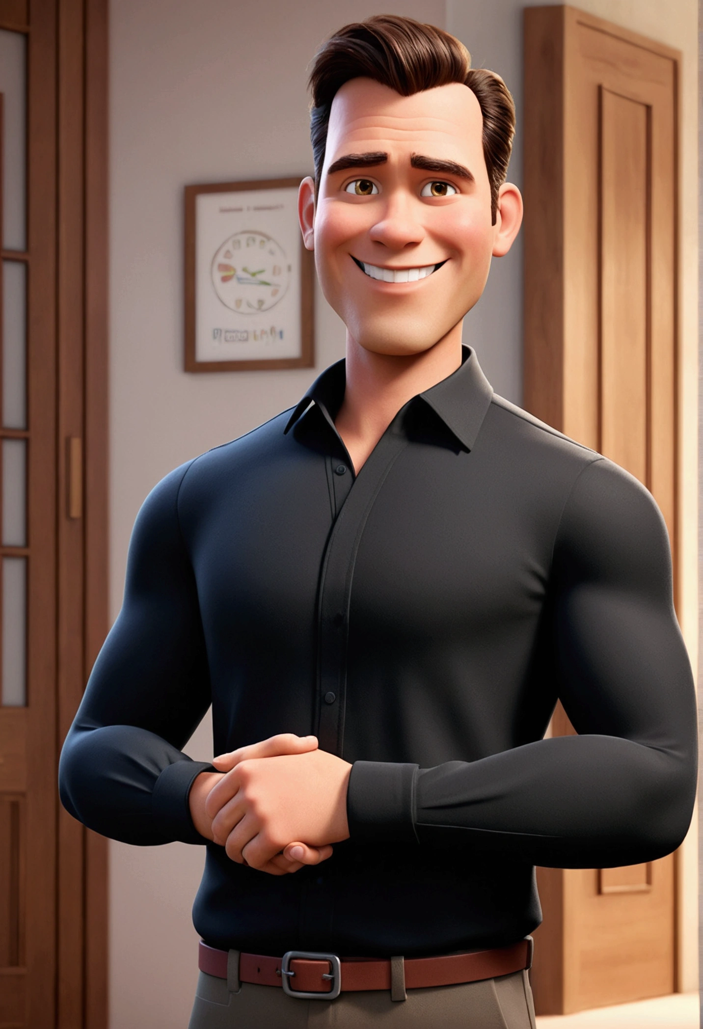 Cartoon character of a smiling man, Realtor, dark brown straight hair and a black shirt, animation character, stylized character, animation style rendering, 3d stylized, Arnold Maya rendering, Stylized 3D rendering, toon render screenshot, 3d character, 3d character, Stylized 3D rendering, 3D character rendering, cartoon character, Personagem de close up, character posing, (Pixar-style) (master part:1.2) (bokeh) (best qualityer) (skin detailed) (detailed texture) (8k) (Argilla) (cinematic lighting) (sharp focus