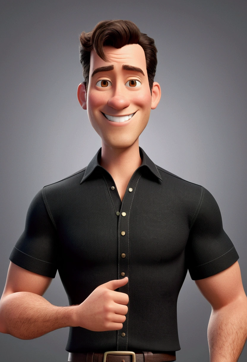 Cartoon character of a smiling man, Realtor, dark brown straight hair and a black shirt, animation character, stylized character, animation style rendering, 3d stylized, Arnold Maya rendering, Stylized 3D rendering, toon render screenshot, 3d character, 3d character, Stylized 3D rendering, 3D character rendering, cartoon character, Personagem de close up, character posing, (Pixar-style) (master part:1.2) (bokeh) (best qualityer) (skin detailed) (detailed texture) (8k) (Argilla) (cinematic lighting) (sharp focus