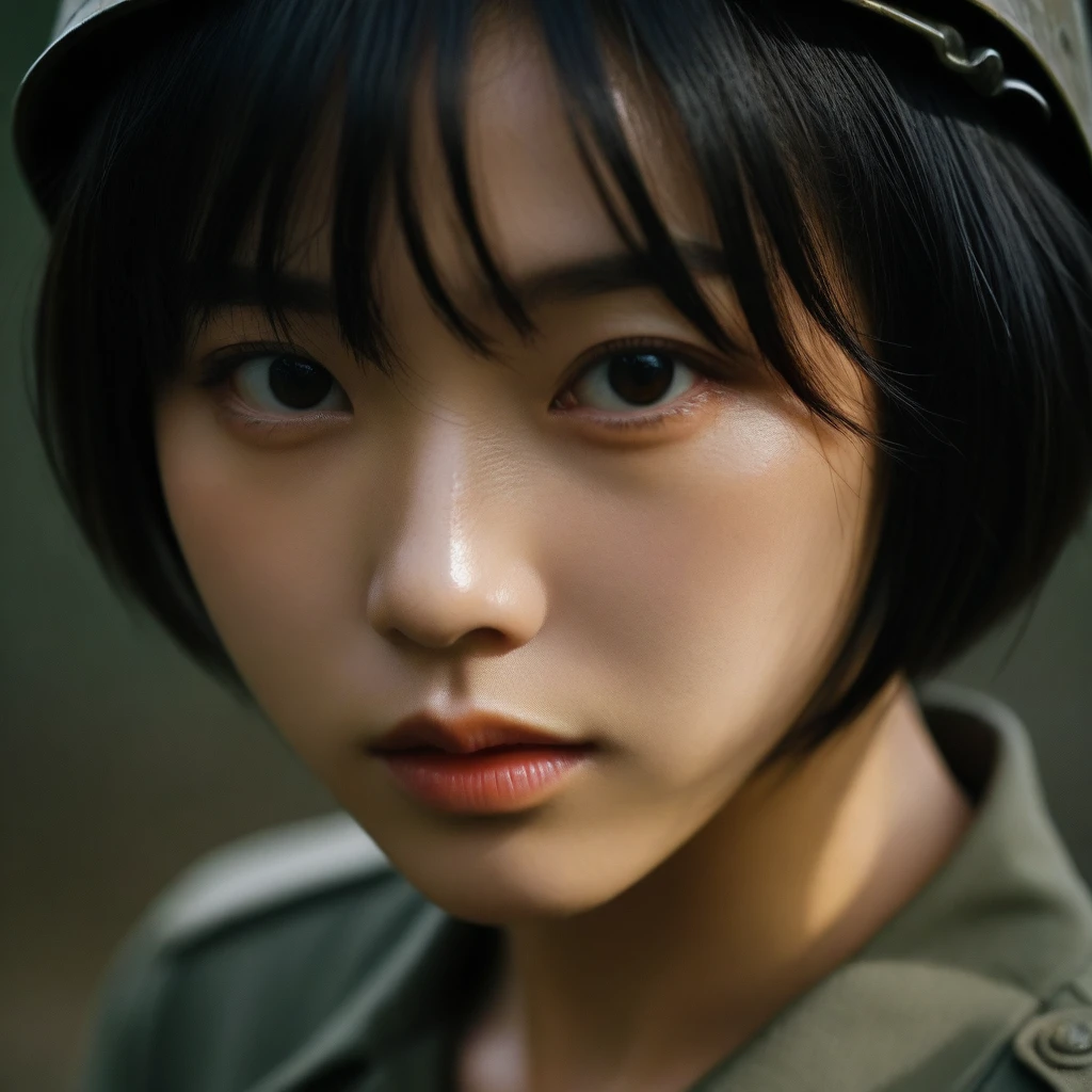 8k, Ultra-high resolution, Highest quality, masterpiece, 三分割法によるphotograph,Surreal, photograph, 1 Girl, (16 years old:1.3), pretty girl, Cute Face, Beautiful eyes in every detail, 細かくdetailedに,masterpiece,One Girl:1.2,Japanese female soldier,extream close up,furious,Black short hair,Bob with bangs, (combat uniform:1.3),Muddy Face,Sharp contours,Looking down, (Dirty Face:1.3),battlefield, Light from above, Low contrast, (Side view),, Perfect and beautiful face ,完璧でCute Face, Skin with attention to detail, Perfect limbs、Narrow waist,Looking at the audience,(((Ideal body type))),A cup small breasts :2,Portraiture:2,Perfect Anatomy,鮮明なdetailed,detailed,Surreal,Light and shadow,darkness