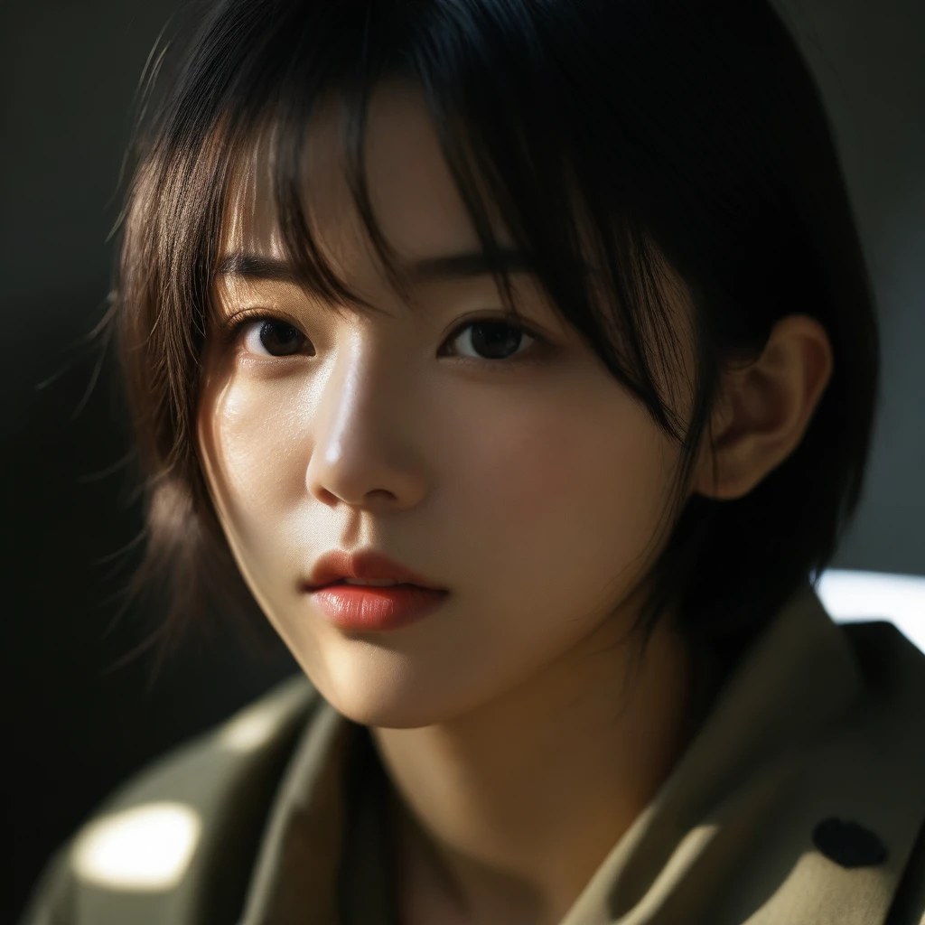 8k, Ultra-high resolution, Highest quality, masterpiece, 三分割法によるphotograph,Surreal, photograph, 1 Girl, (16 years old:1.3), pretty girl, Cute Face, Beautiful eyes in every detail, 細かくdetailedに,masterpiece,One Girl:1.2,Japanese female soldier,extream close up,furious,Black short hair,Bob with bangs, (combat uniform:1.3),Muddy Face,Sharp contours,Looking down, (Dirty Face:1.3),battlefield, Light from above, Low contrast, (Side view),, Perfect and beautiful face ,完璧でCute Face, Skin with attention to detail, Perfect limbs、Narrow waist,Looking at the audience,(((Ideal body type))),A cup small breasts :2,Portraiture:2,Perfect ???????,鮮明なdetailed,detailed,Surreal,Light and shadow,darkness