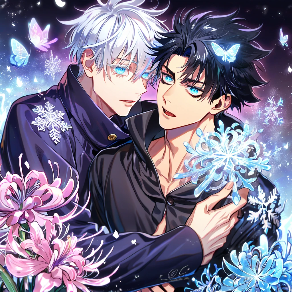absurdres, highres, ultra detailed, HDR, master piece, best quality, Gojou Satoru, white hair, expressive blue eyes, white eyelashes, Jujutsu Kaisen, Wriothesley, black hair, expressive blue eyes, two sexy men together, yaoi, gay couple, handsome, black coat, dark purple coat, fantasy, magical, ice blue spider lilies, ice glittering butterflies, ice crystals, snowflakes, icy