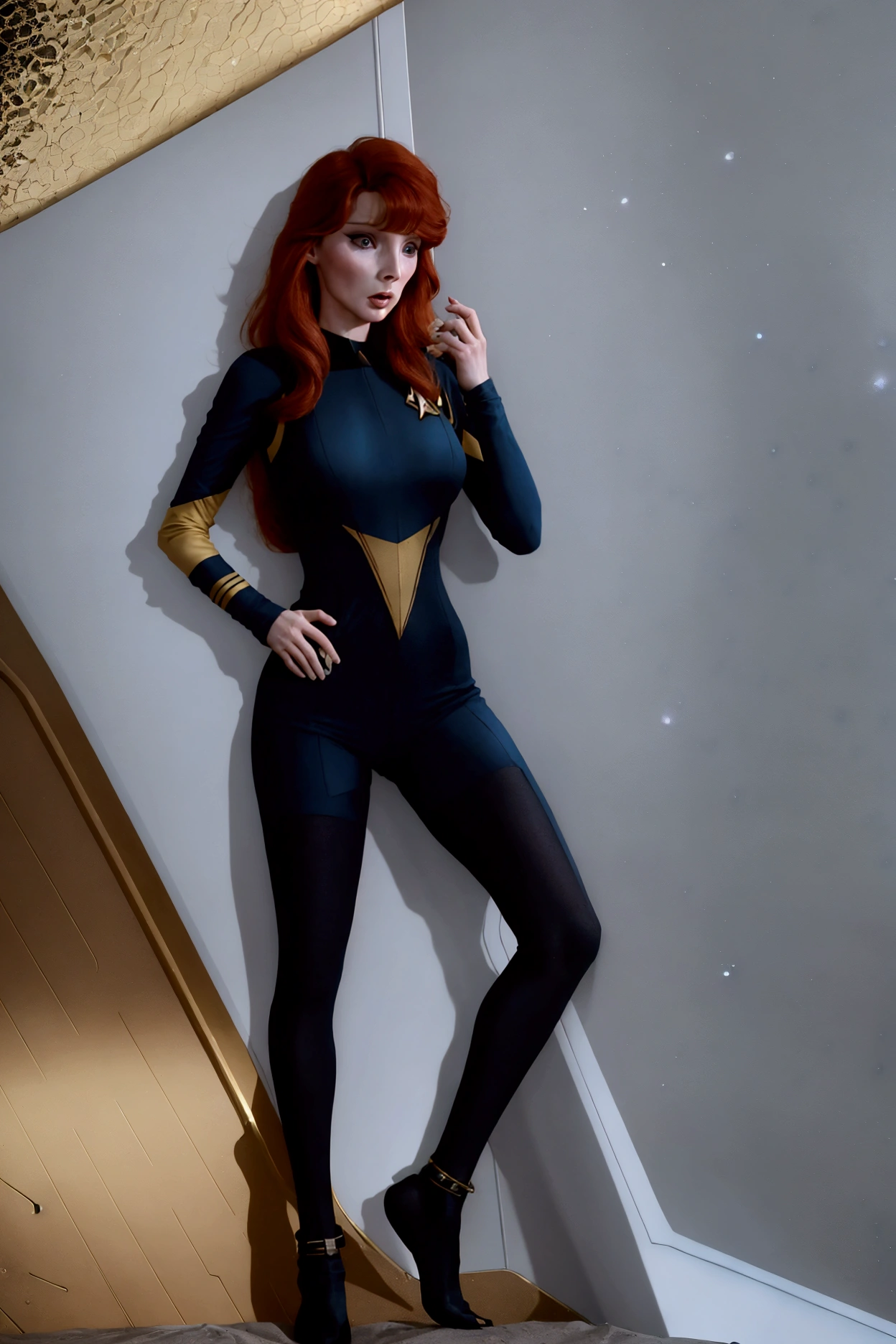 (Beverly Crusher, age 25, sexy revealing star fleet uniform) being a sexy smoldering hot seductress as she goes about her duties on the Enterprise starship
